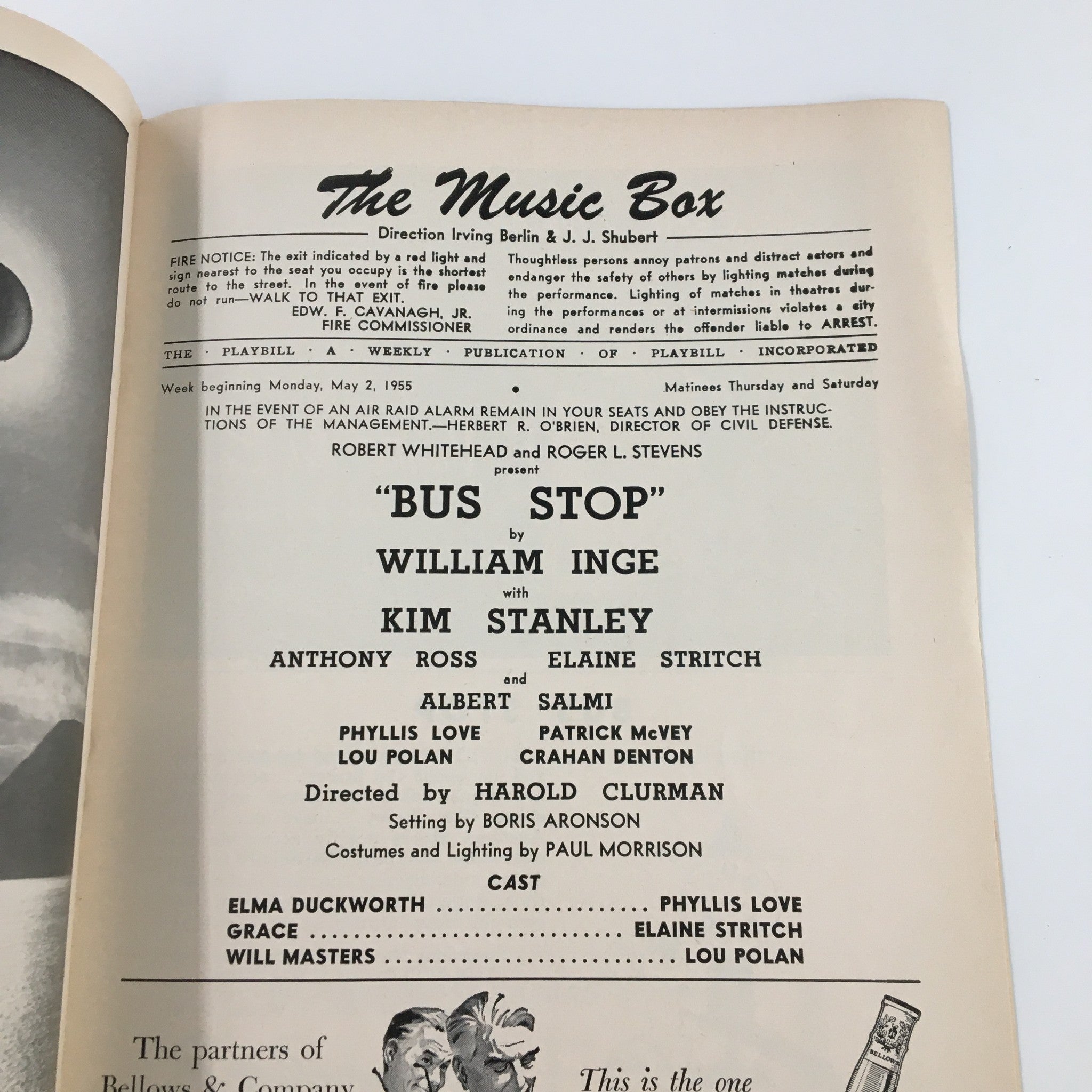 1955 Playbill The Music Box Bus Stop by William Inge with Kim Stanley