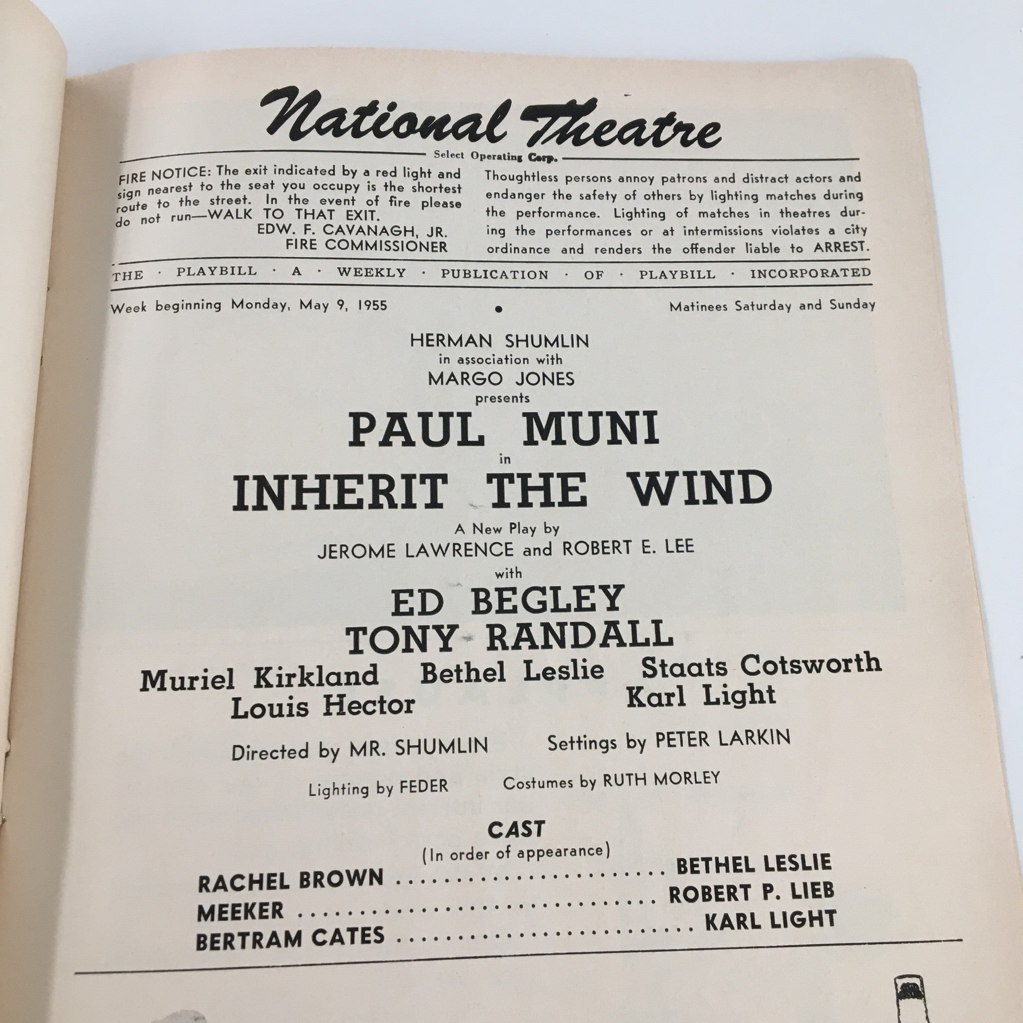 1955 Playbill National Theatre Paul Muni in Inherit The Wind by Jerome Lawrence