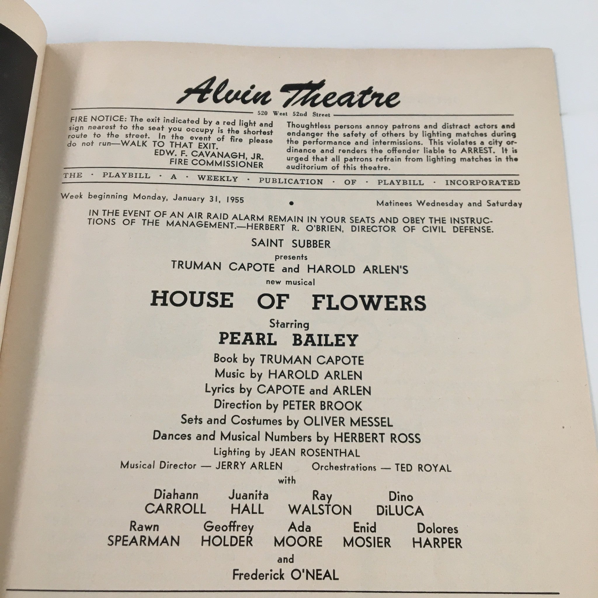 1955 Playbill Alvin Theatre Pearl Bailey in House of Flowers by Peter Brook