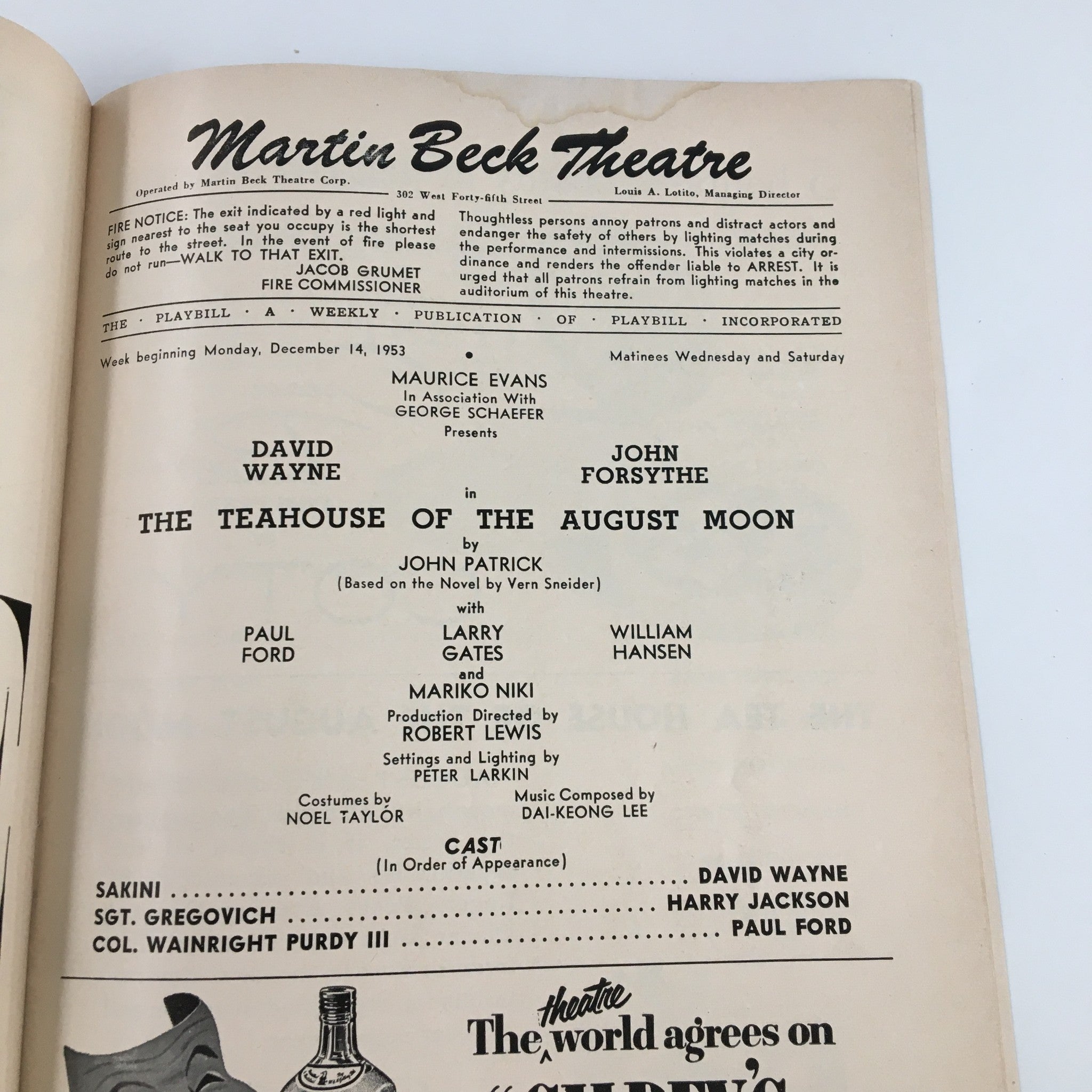 1953 Playbill Martin Beck Theatre David Wayne in The Teahouse of the August Moon