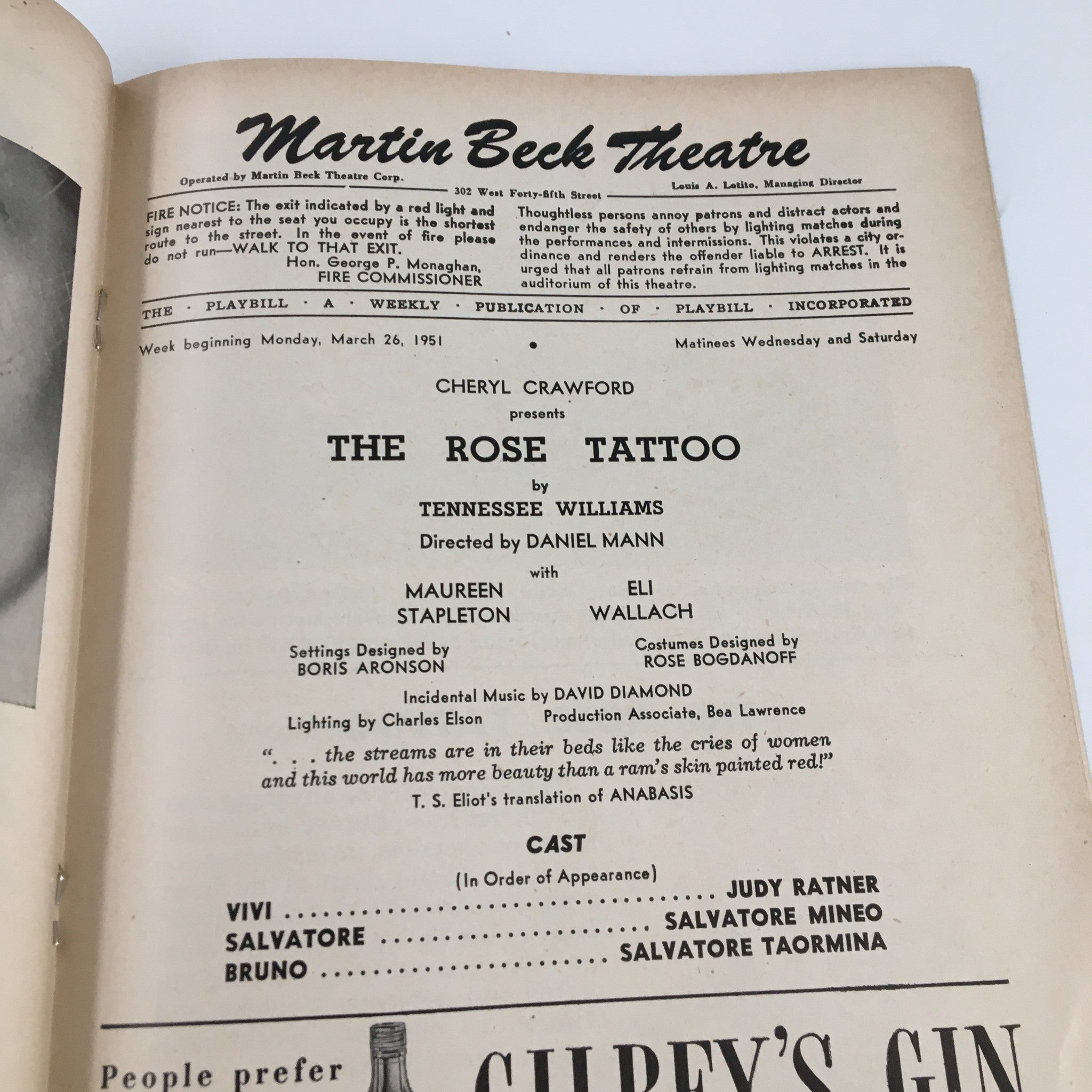 1951 Playbill Martin Beck Theatre The Rose Tattoo by Tennessee Williams