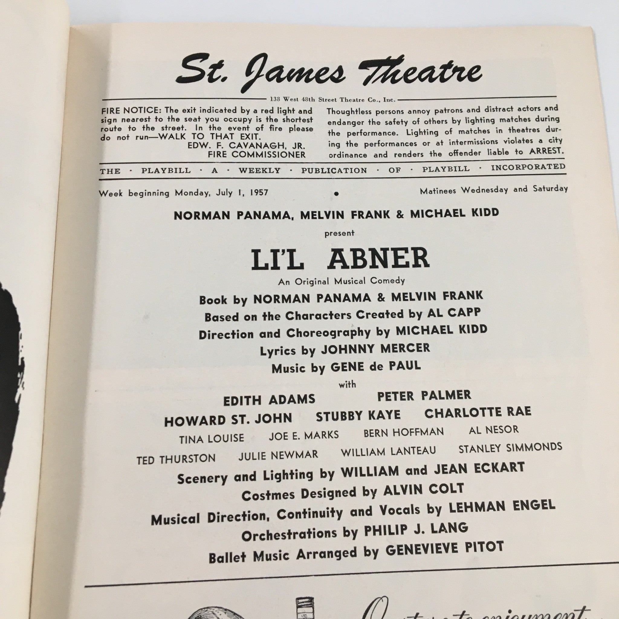 1957 Playbill St. James Theatre Norman Panama, Michael Kidd in Li'L Abner