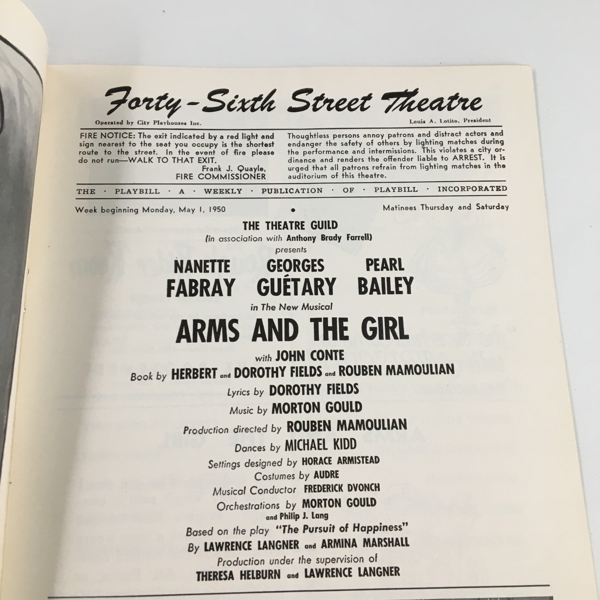 1950 Playbill Forty-Sixth Theatre Nanette Fabray in Arms and the Girl