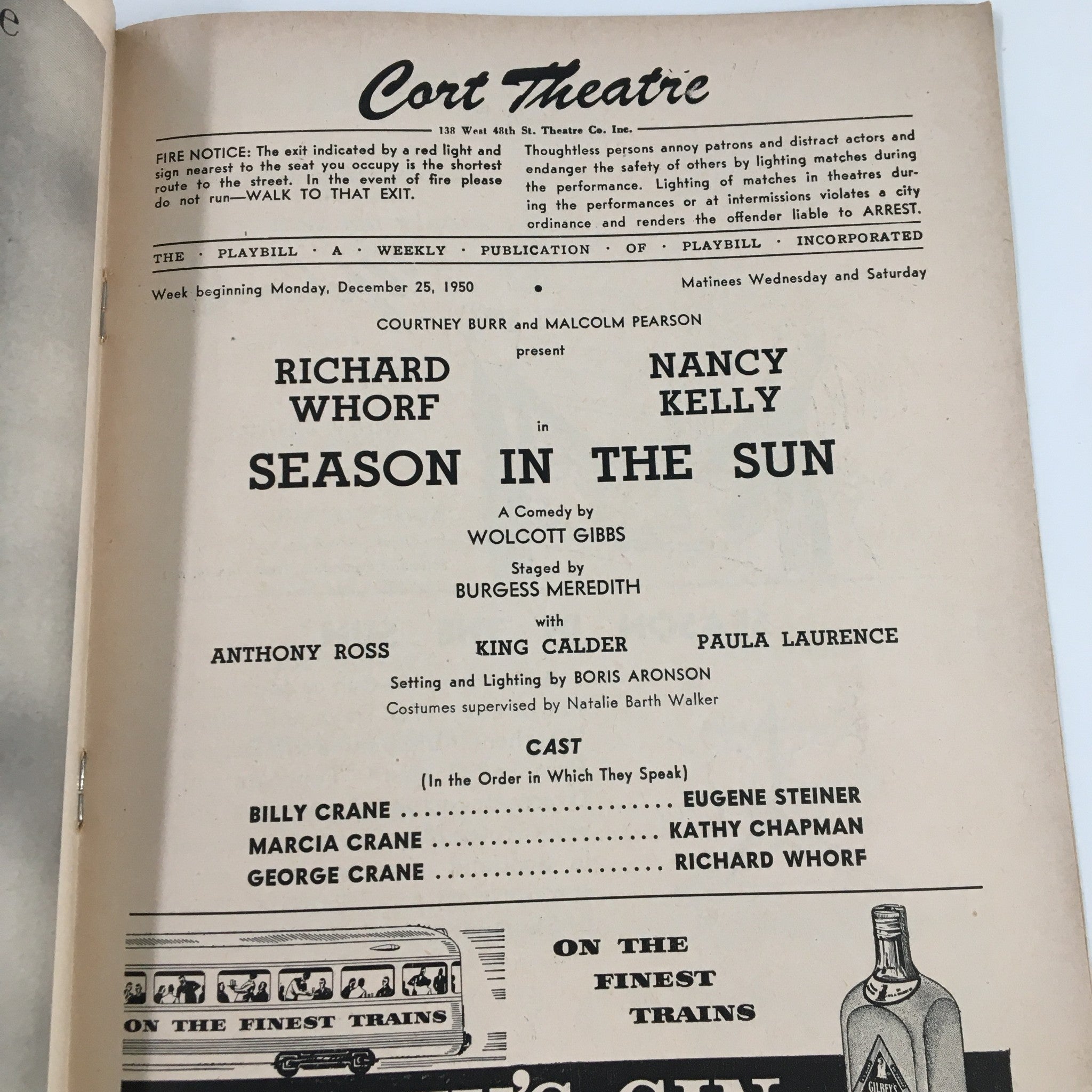 1950 Playbill Cort Theatre Richard Whorf, Nancy Kelly in Season in the Sun