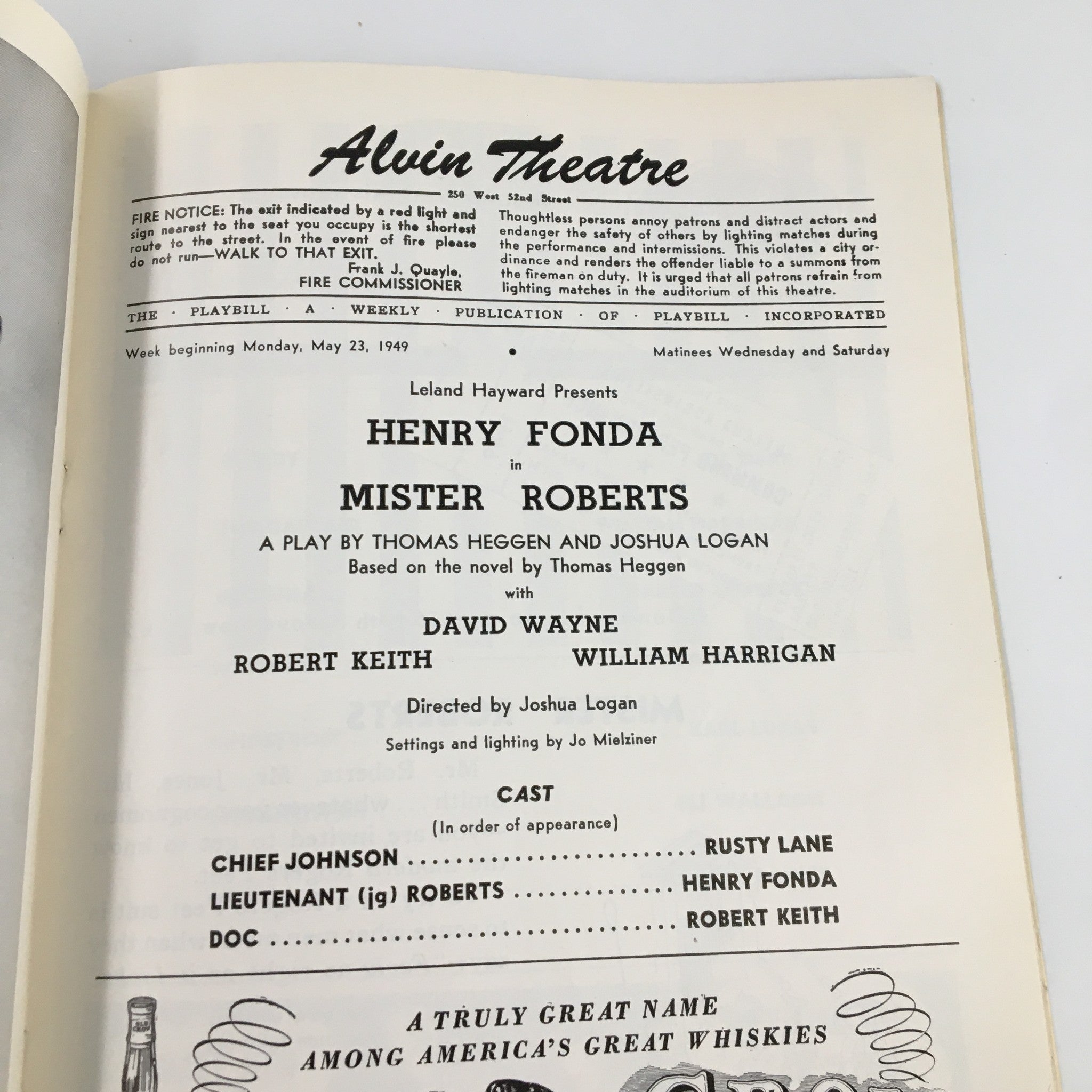 1949 Playbill Alvin Theatre Henry Fonda in Mister Roberts by Thomas Heggen