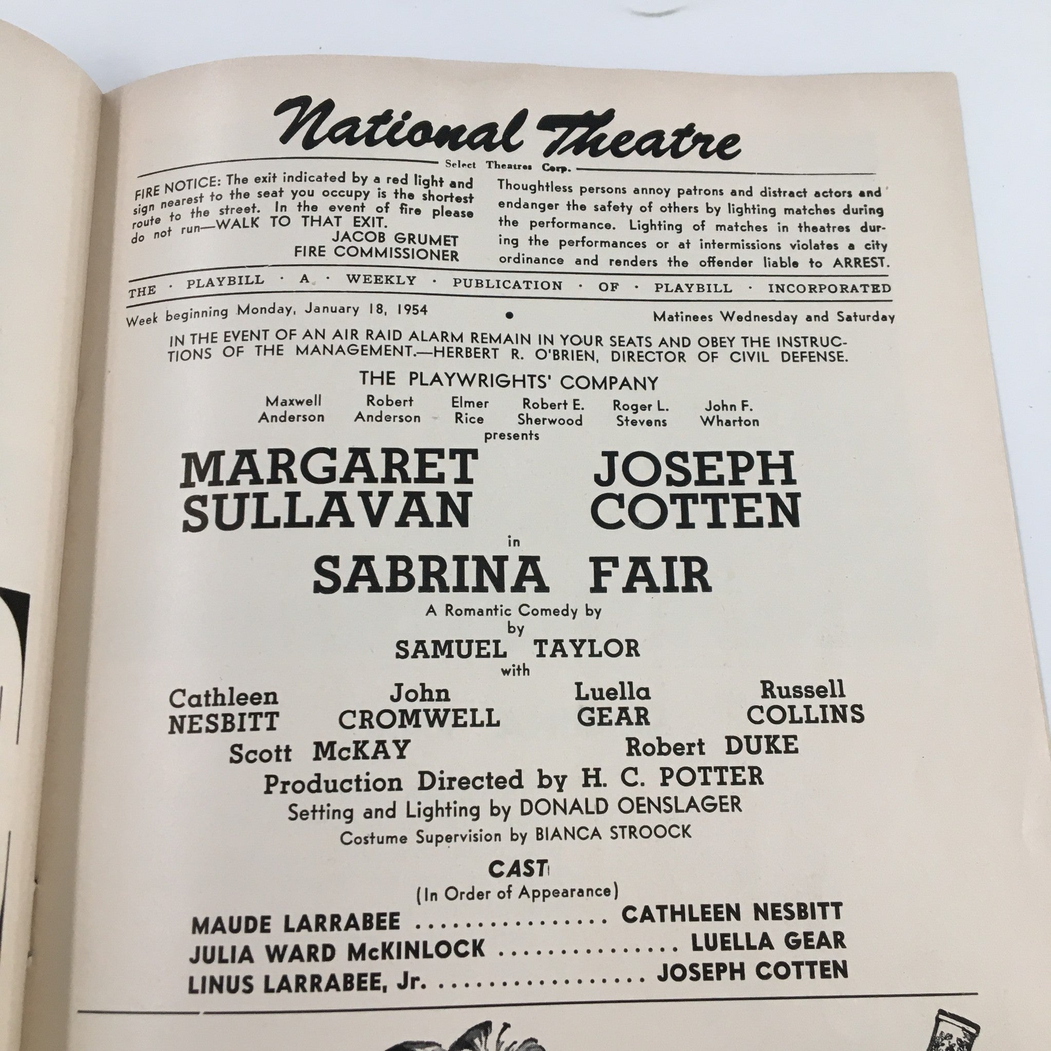 1954 Playbill National Theatre Margaret Sullivan in Sabrina Fair by H. C. Potter