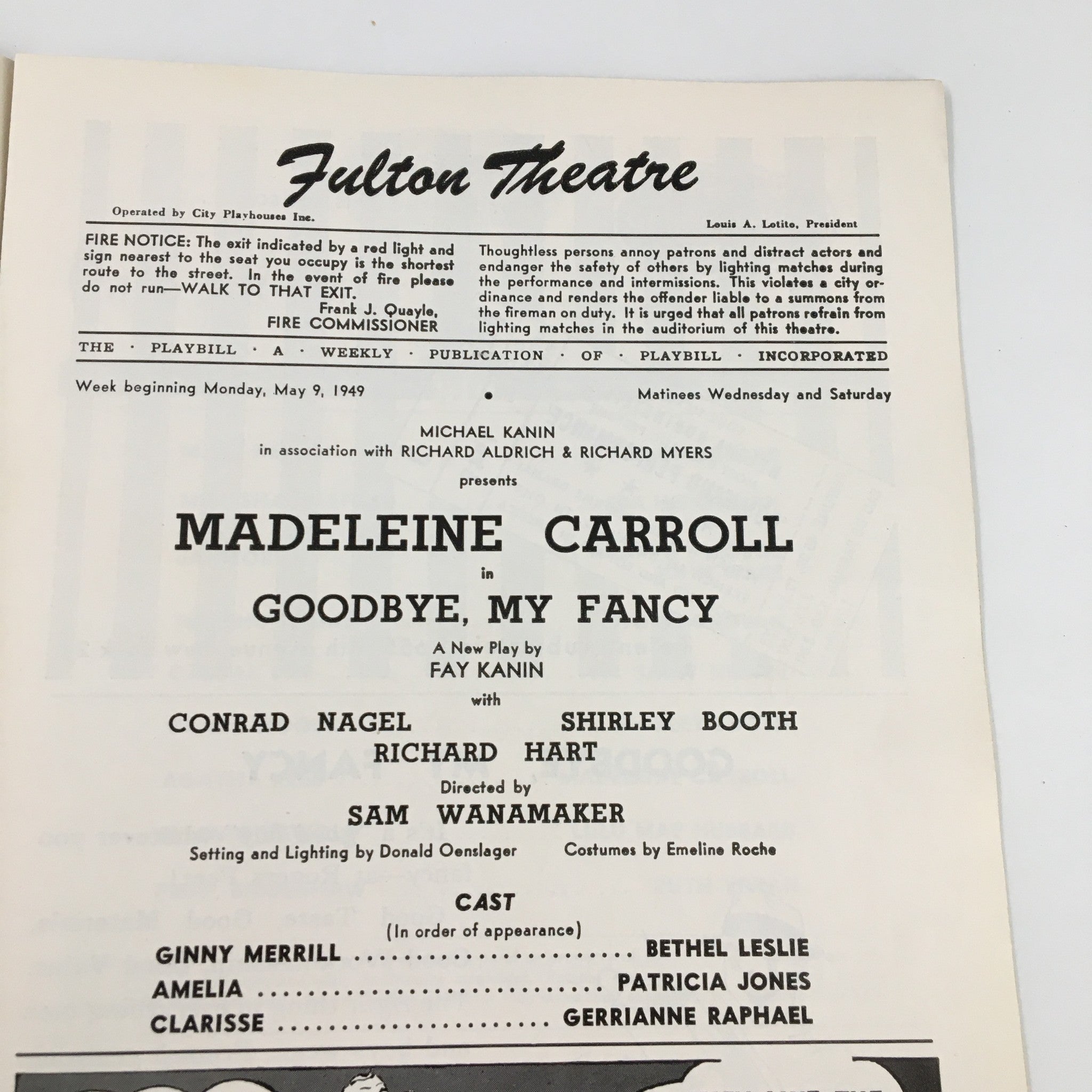 1949 Playbill Fulton Theatre Madeleine Carroll in Goodbye, My Fancy