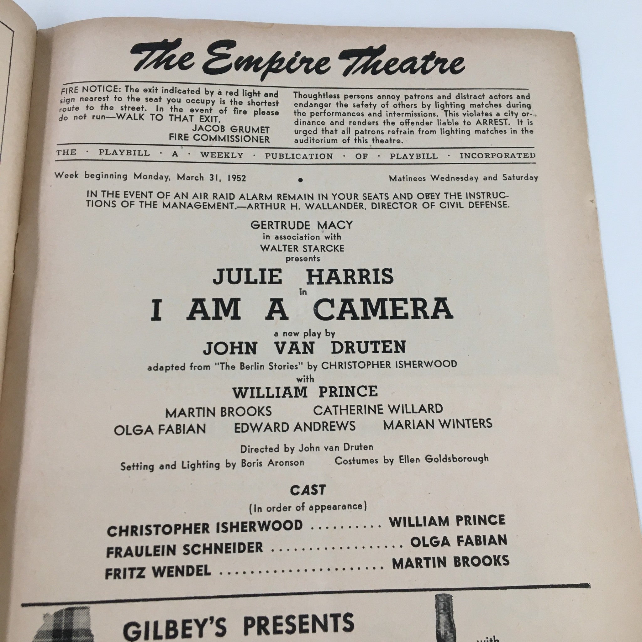 1952 Playbill The Empire Theatre Julie Harris in I Am A Camera John Van Druten