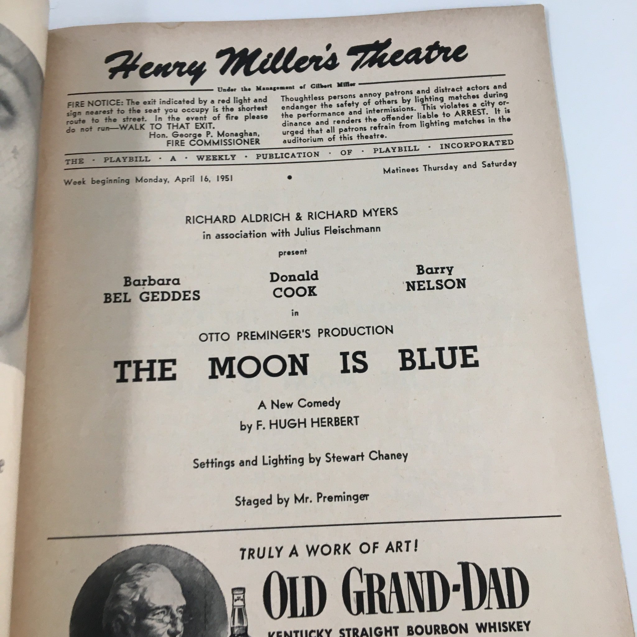 1951 Playbill Henry Miller's Theatre Donald Cook in The Moon is Blue