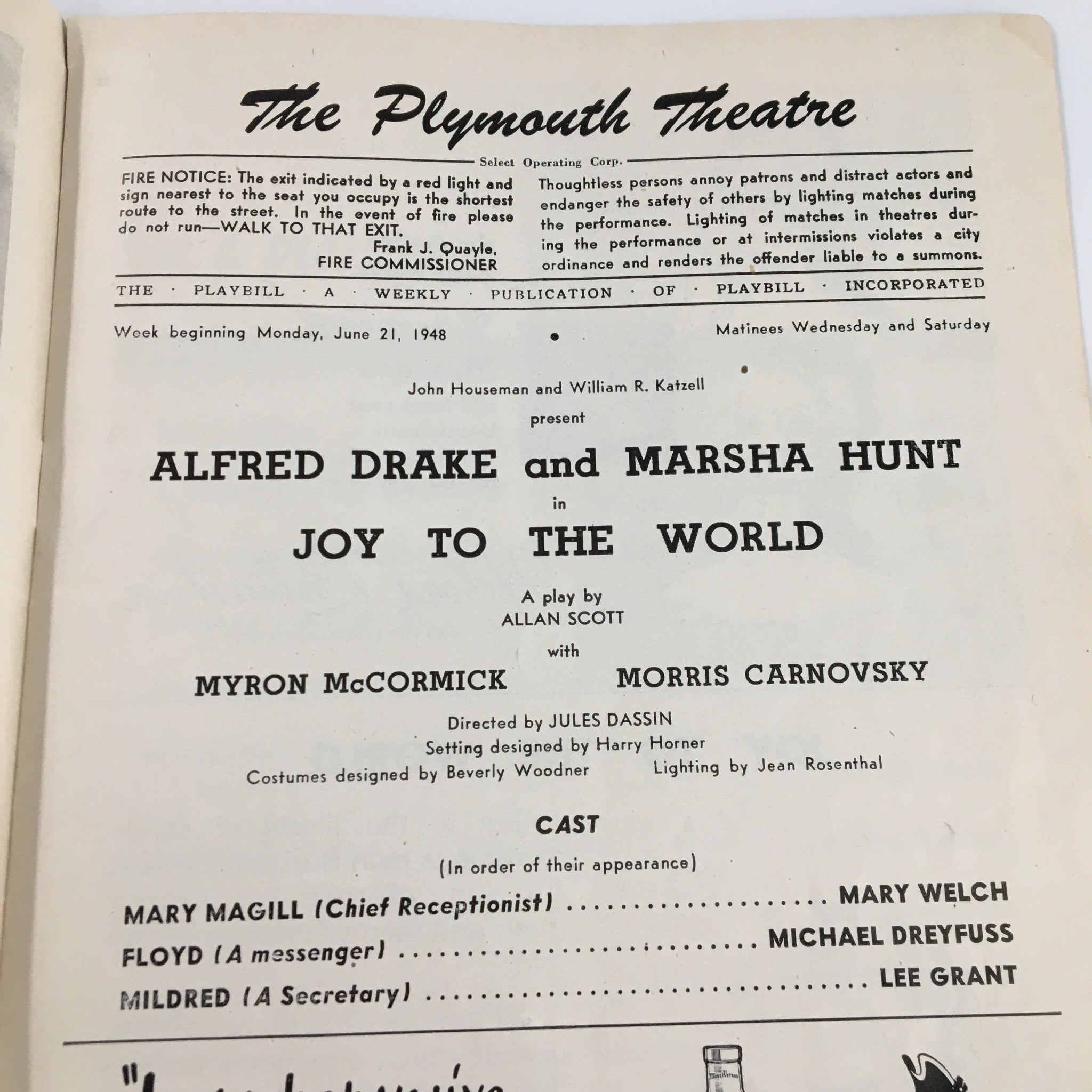 1948 Playbill The Plymouth Alfred Drake, Marsha Hunt in Joy To The World