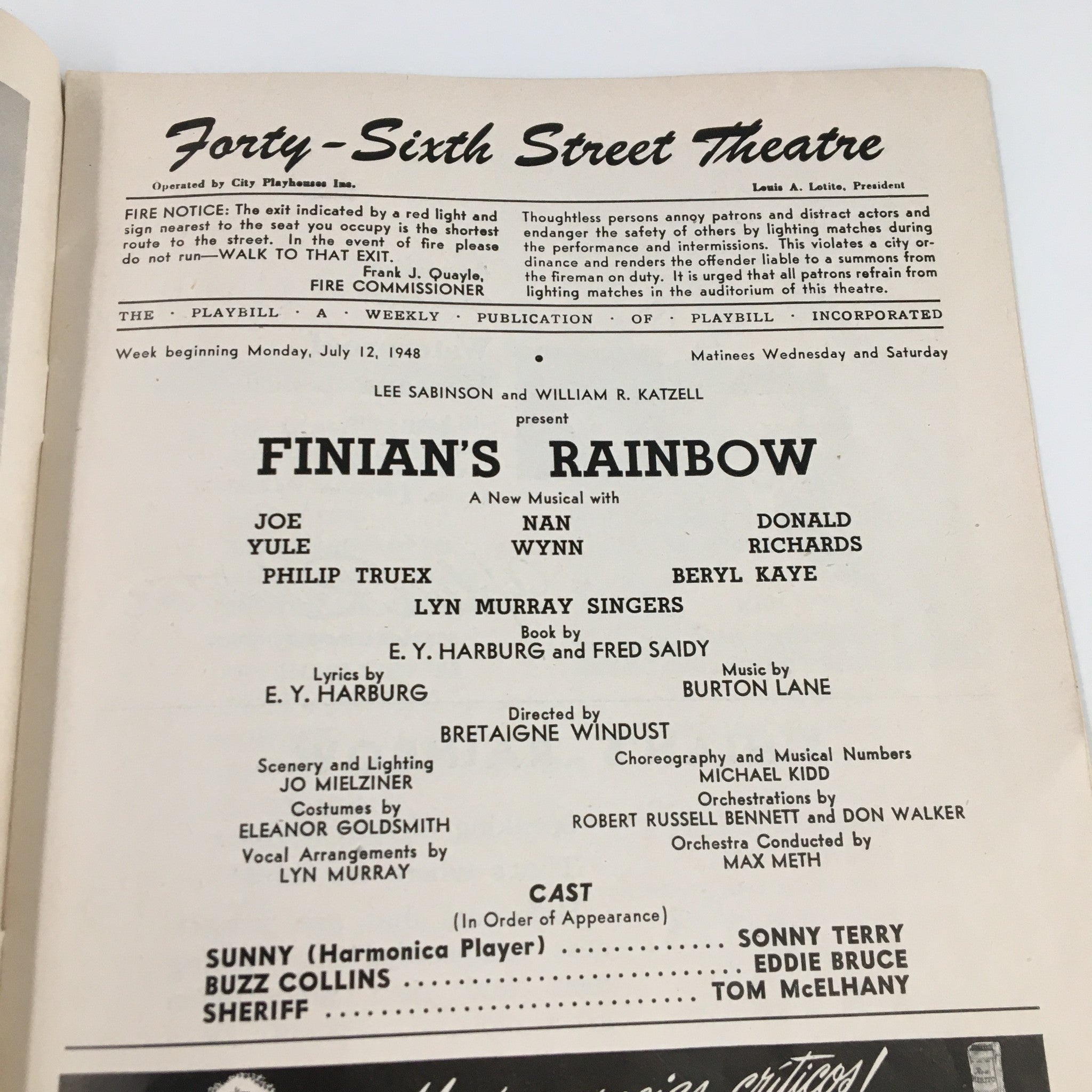 1948 Playbill Forty-Sixth Street Theatre Finians Rainbow by Bretaigne Windust