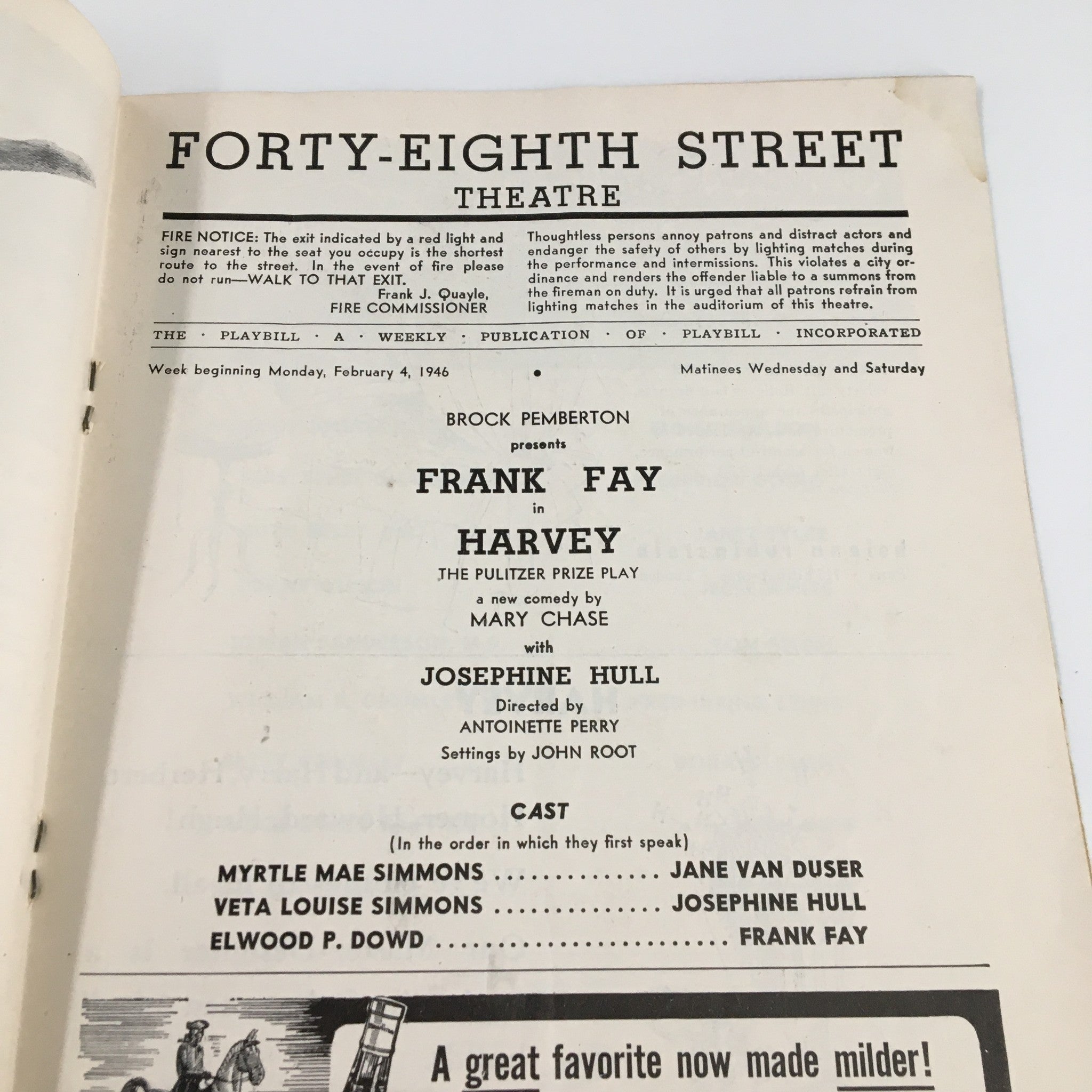 1946 Playbill Forty-Eighth Street Theatre Frank Fay in Harvey by Mary Chase