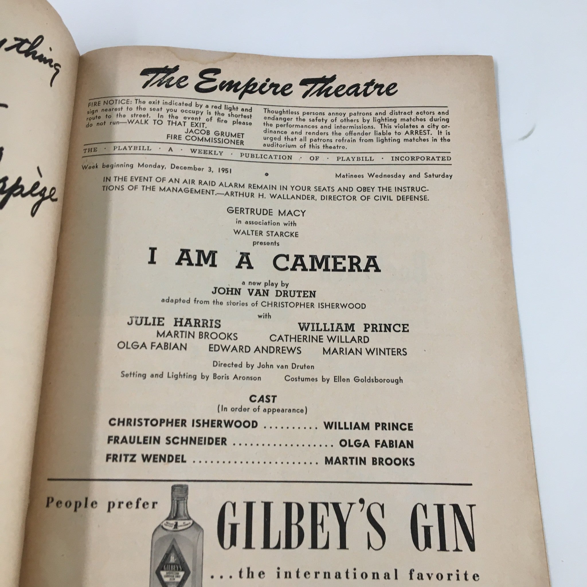 1951 Playbill The Empire Theatre Gertrude Macy in I Am A Camera by J.D. Druten