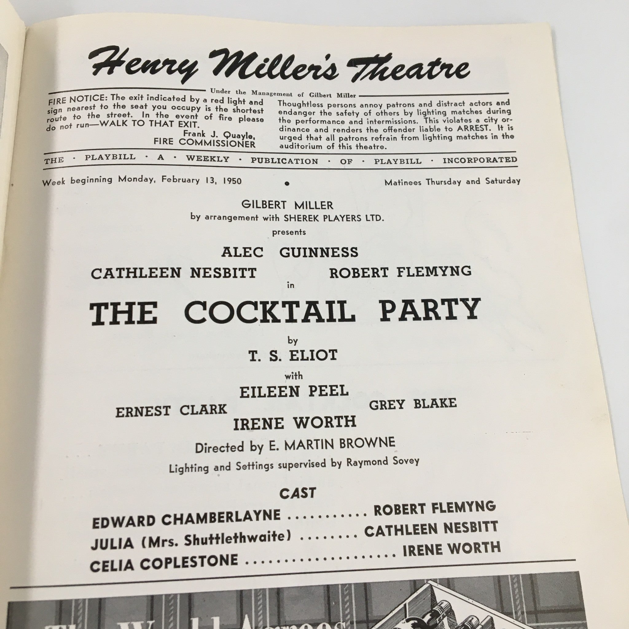 1950 Playbill Henry Miller's Theatre Alec Guinness in The Cocktail Party