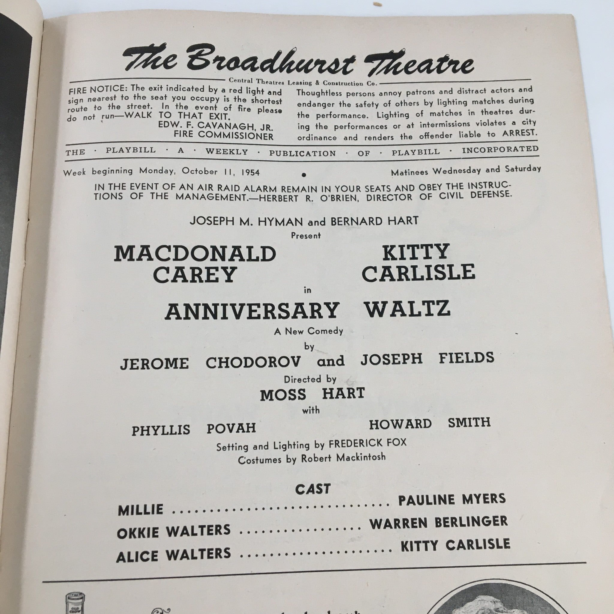 1954 Playbill The Broadhurst Theatre Macdonald Carey in Anniversary Waltz