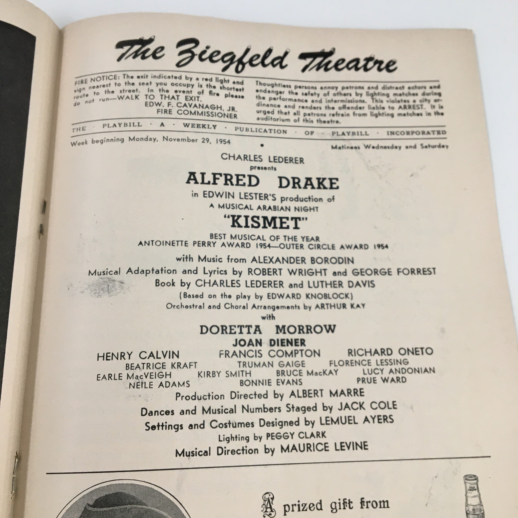 1954 Playbill The Ziegfeld Theatre Alfred Drake in Kismet with Doretta Morrow