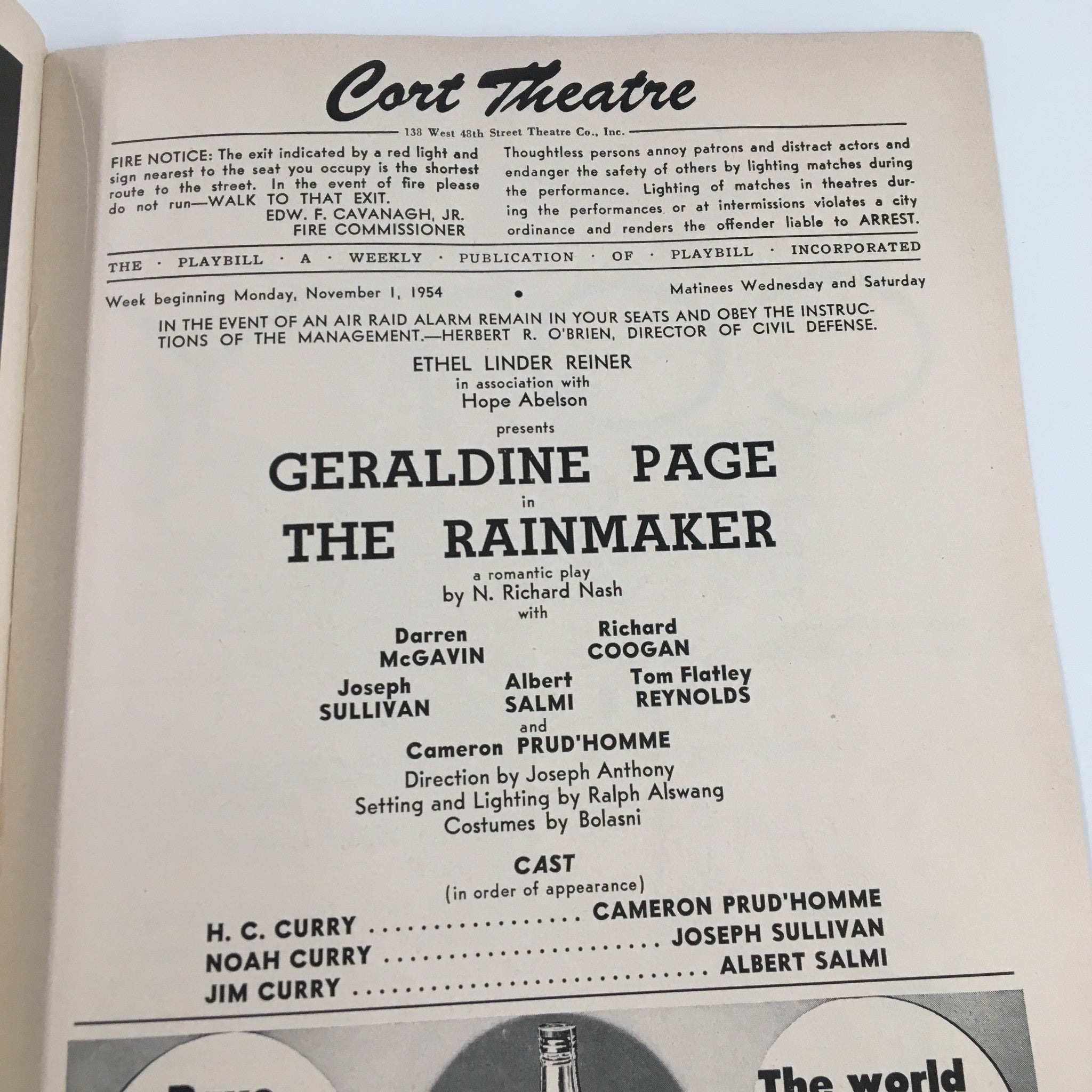 1954 Playbill Cort Theatre Geraldine Page in The Rainmaker by N. Richard Nash