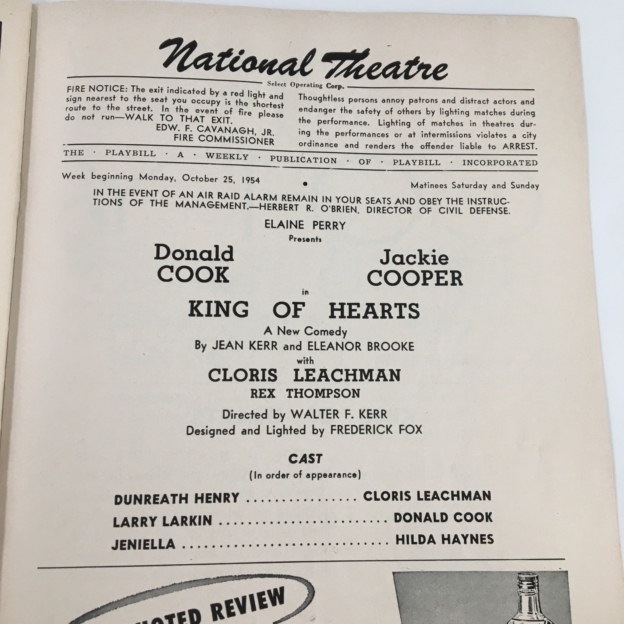 1954 Playbill National Theatre Donald Cook, Jackie Cooper in King of Hearts