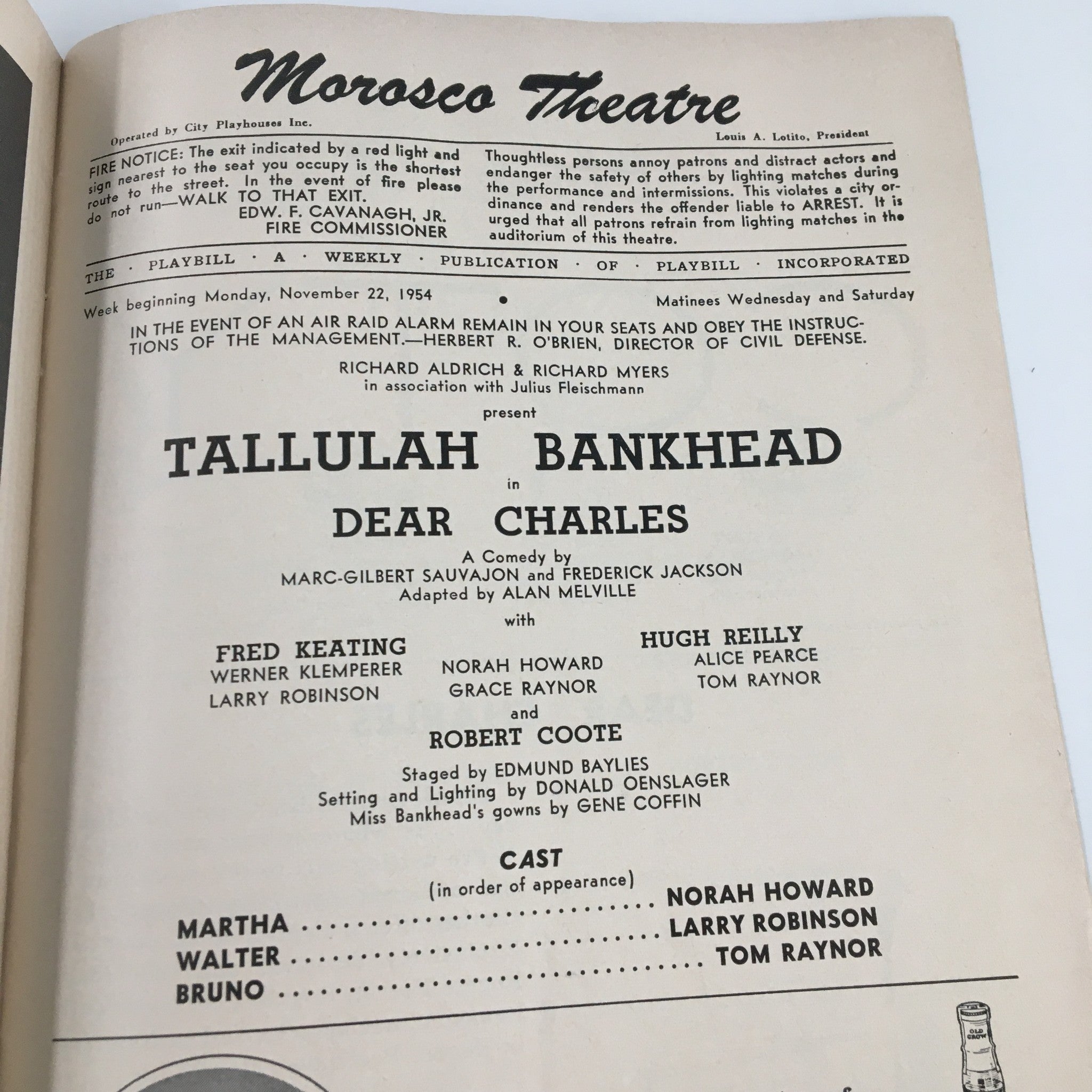 1954 Playbill Morosco Theatre Tom Raynor, Tallulah Bankhead in Dear Charles