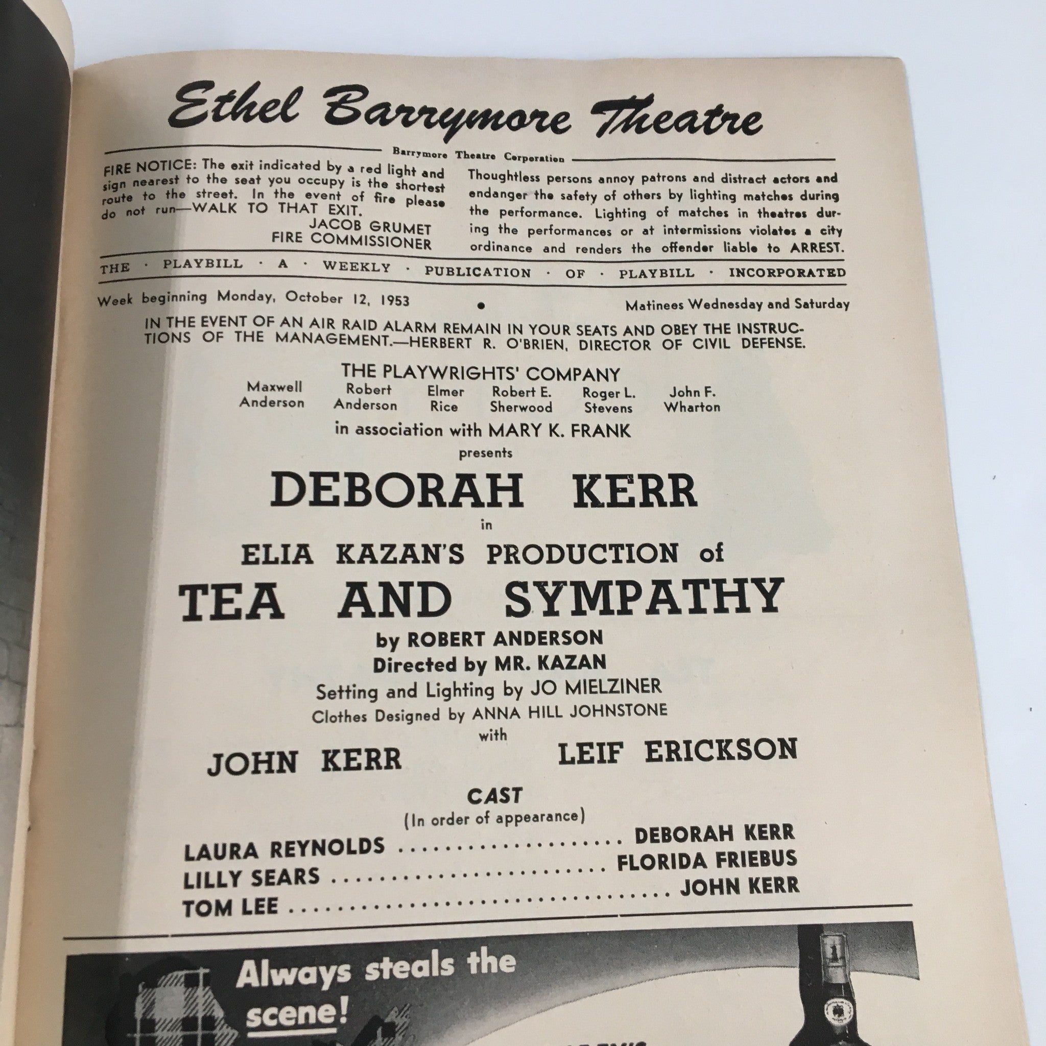 1953 Playbill Ethel Barrymore Theatre Deborah Kerr in Tea and Sympathy