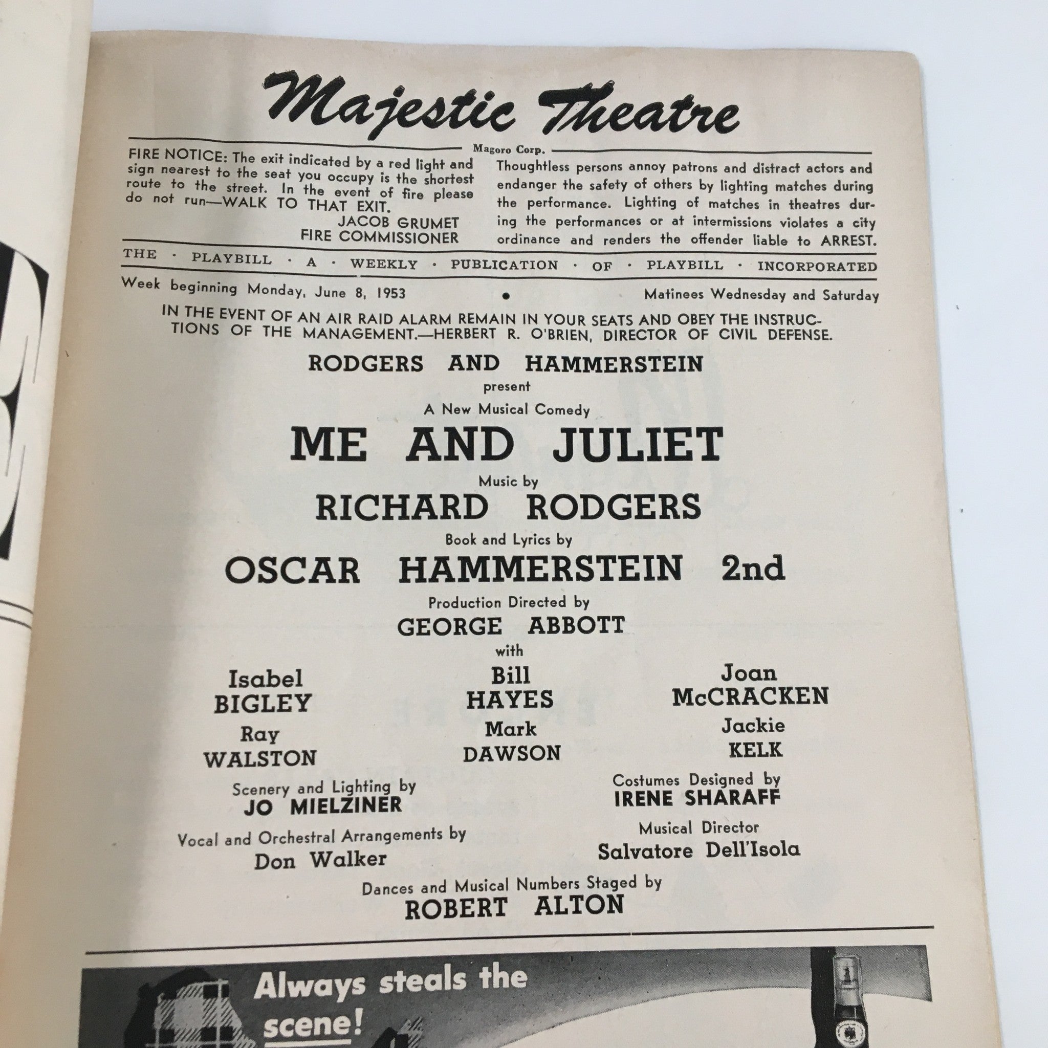 1953 Playbill Majestic Theatre Me and Juliet by Oscar Hammerstein 2nd