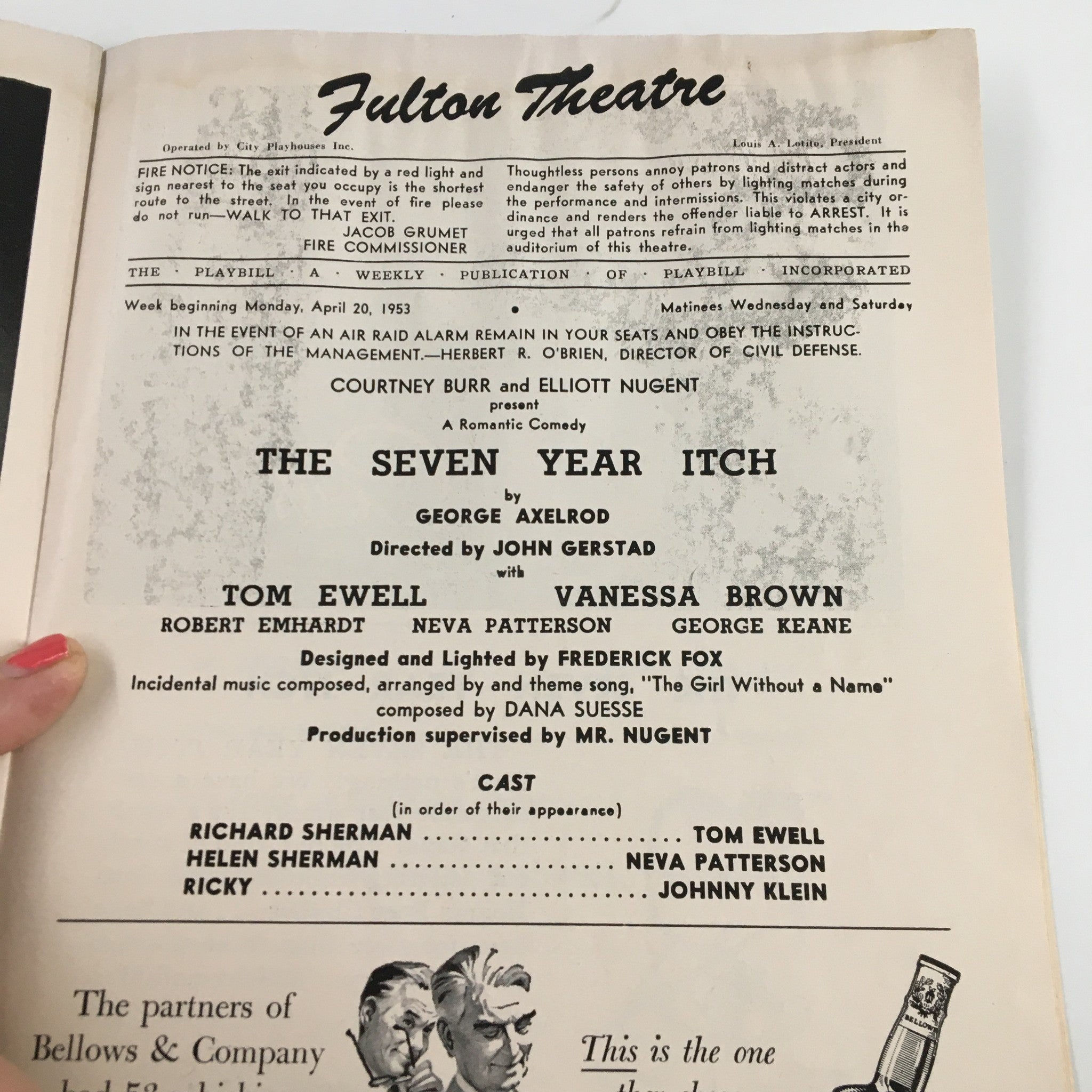 1953 Playbill Fulton Theatre The Seven Year Itch by George Axelrod