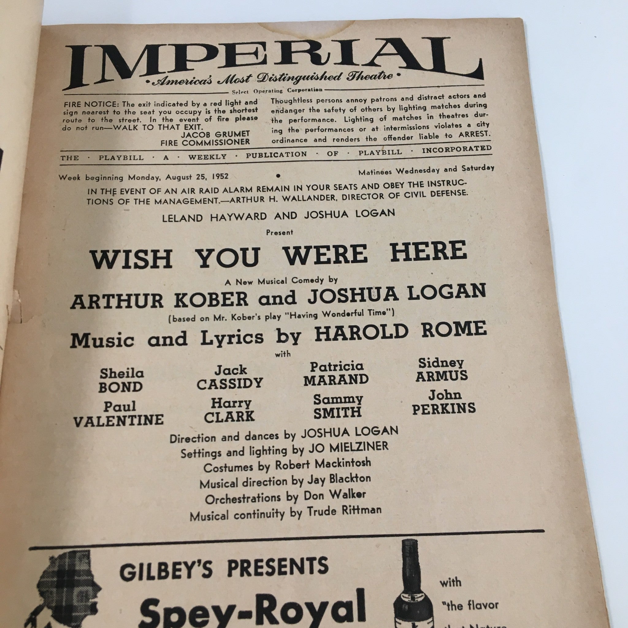 1952 Playbill Imperial Theatre Wish You Were Here by Arthur Kober, Joshua Logan