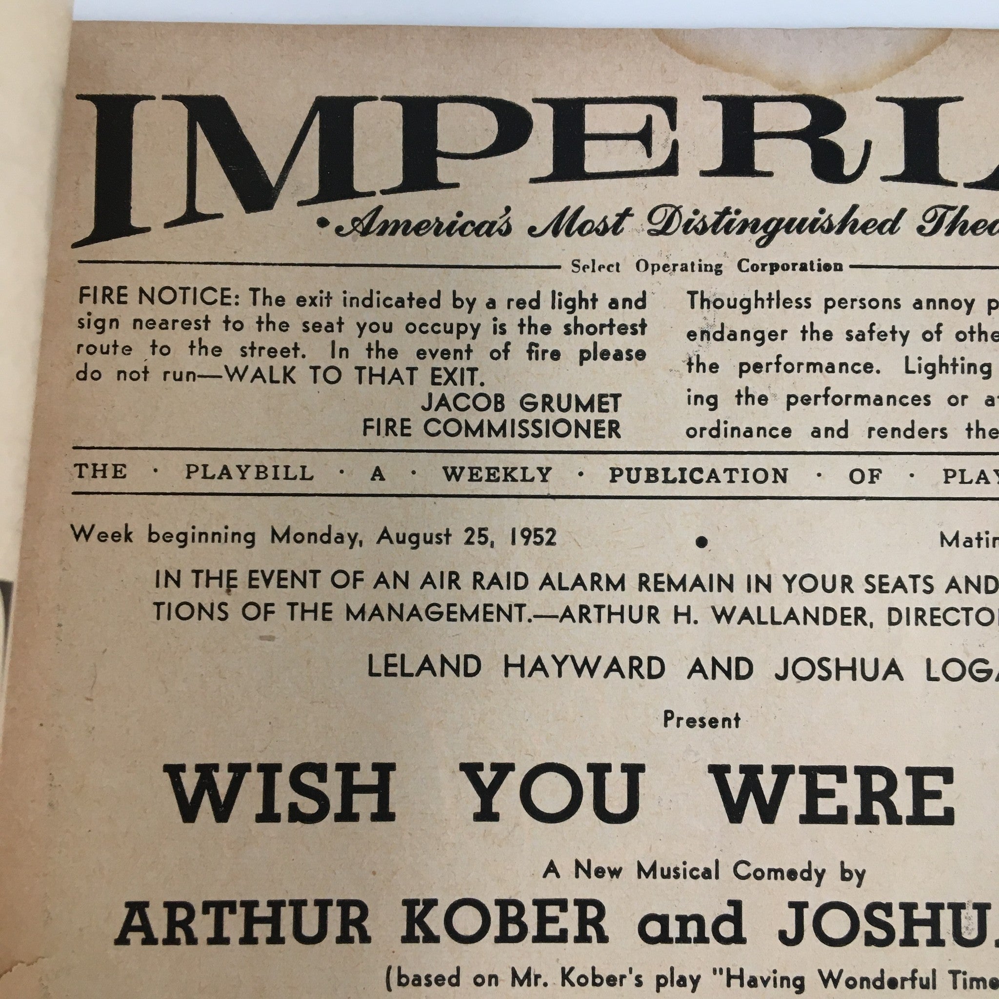 1952 Playbill Imperial Theatre Wish You Were Here by Arthur Kober, Joshua Logan