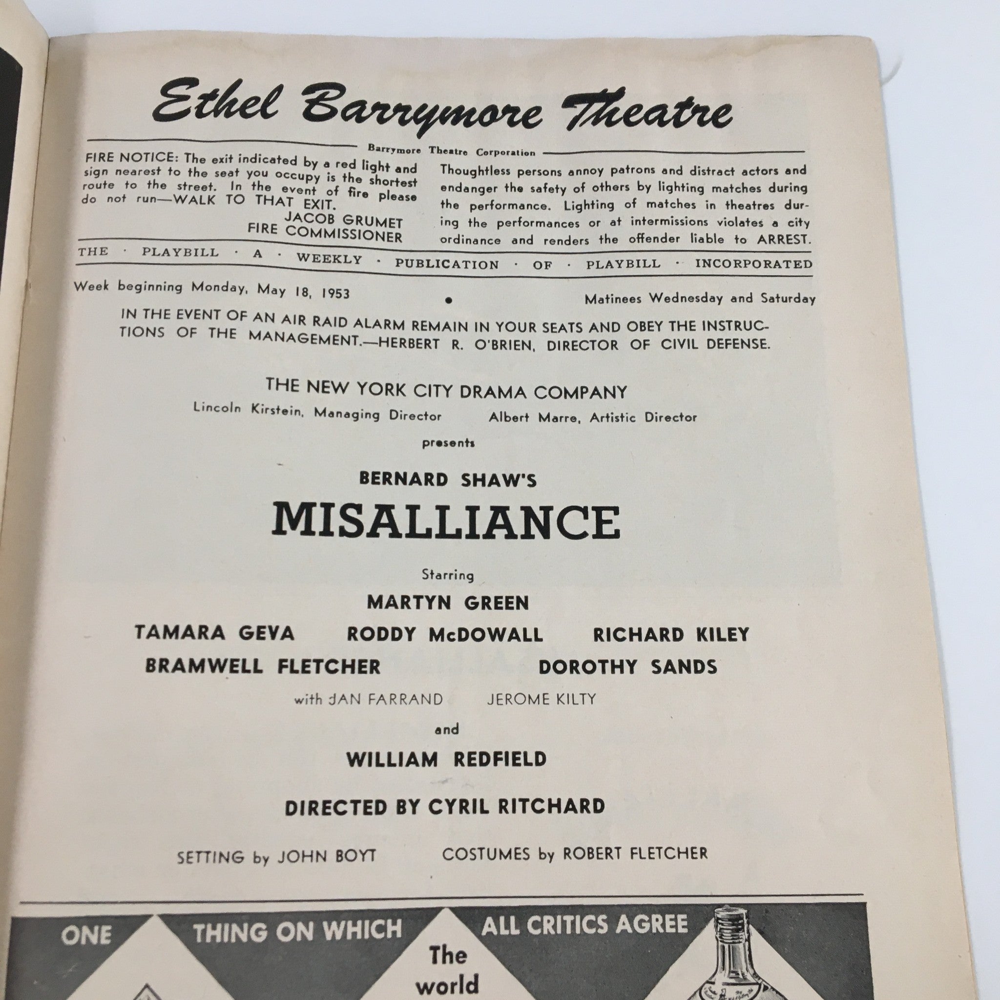 1953 Playbill Ethel Barrymore Theatre Bernard Shaw's Misalliance by Cyril R.