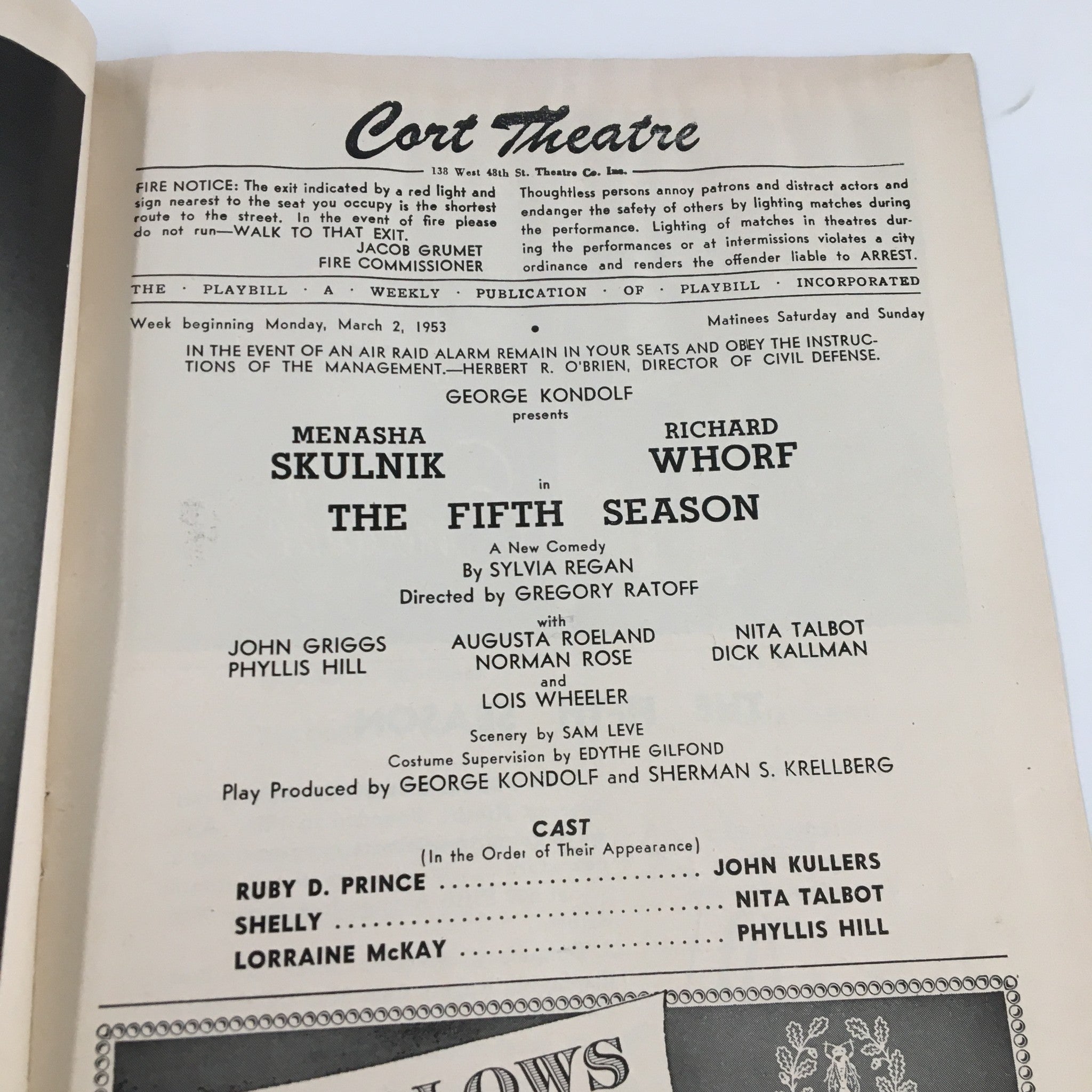 1953 Playbill Cort Theatre Menasha Skulink in The Fifth Season by Sylvia Regan