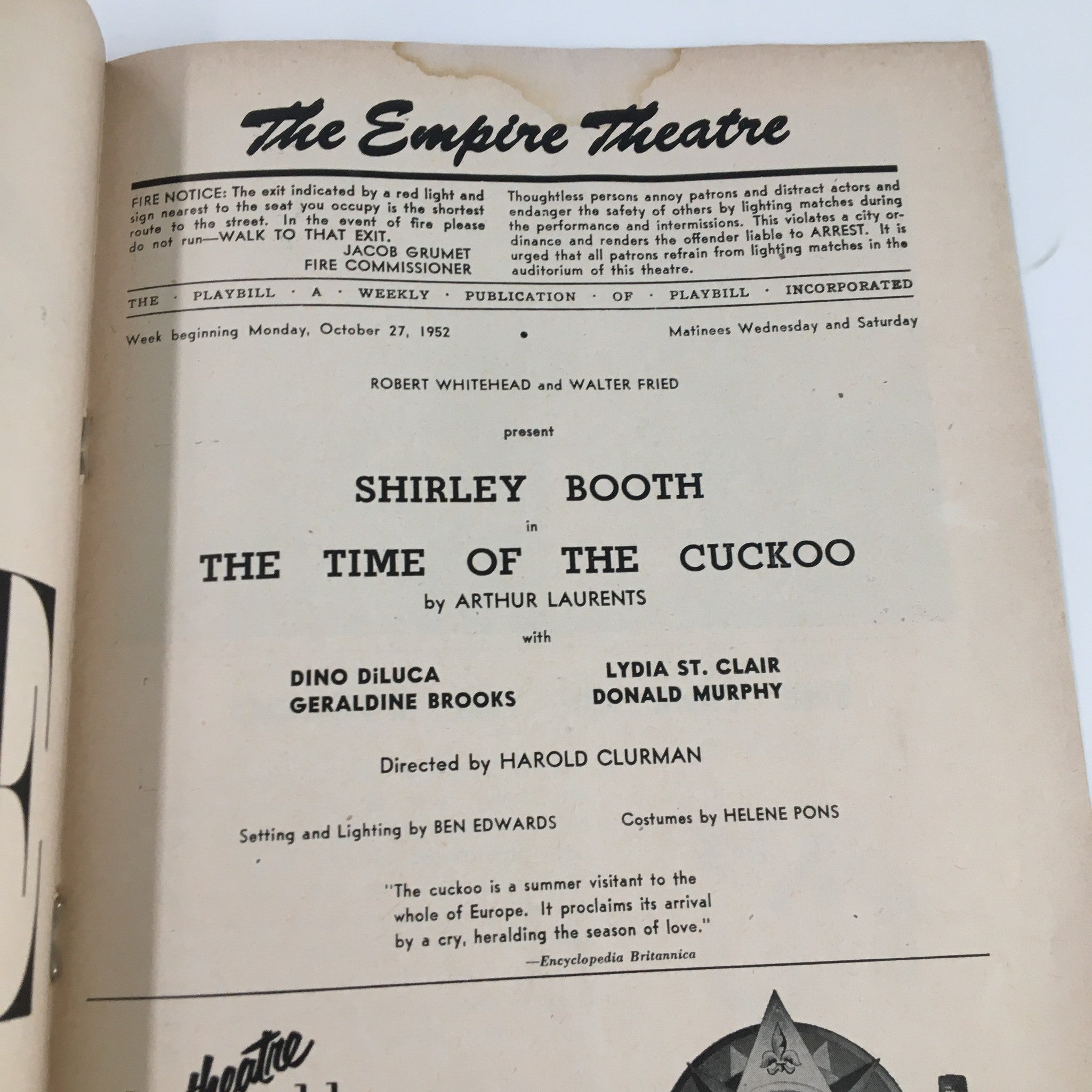 1952 Playbill The Empire Theatre Shirley Booth in The Time of The Cuckoo