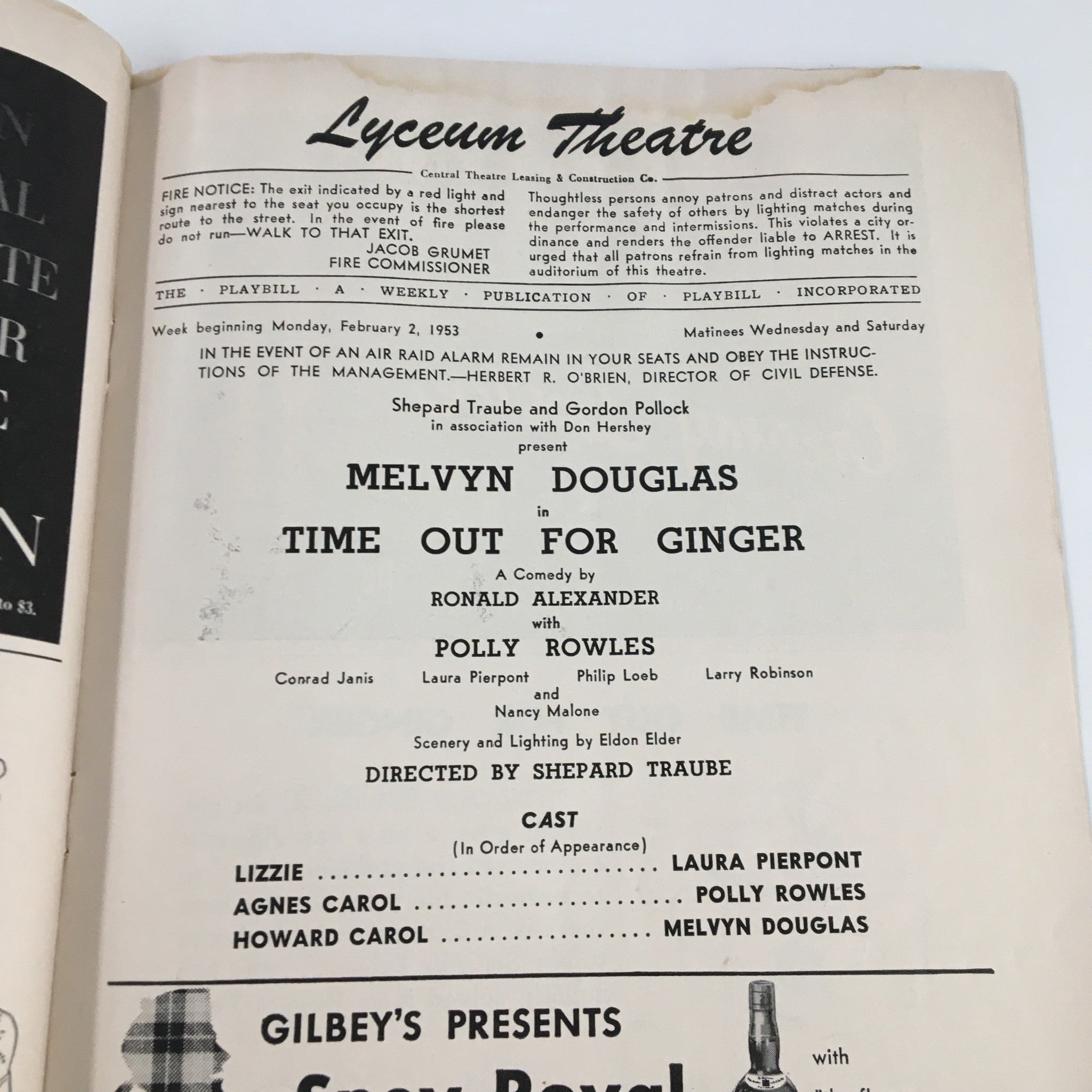 1953 Playbill Lyceum Theatre Melvyn Douglas in Time Out For Ginger