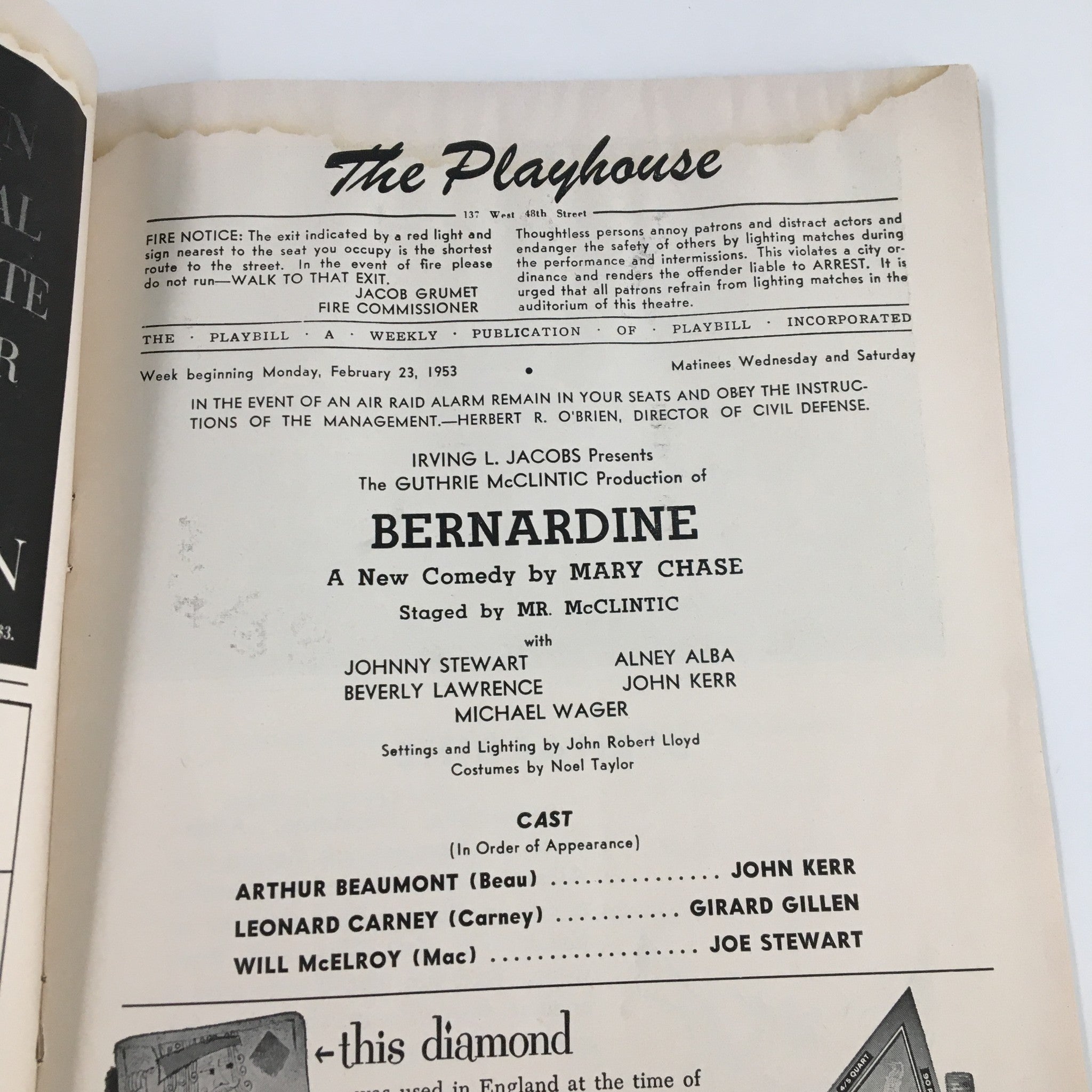 1953 Playbill The Playhouse Bernardine A New Comedy by Mary Chase