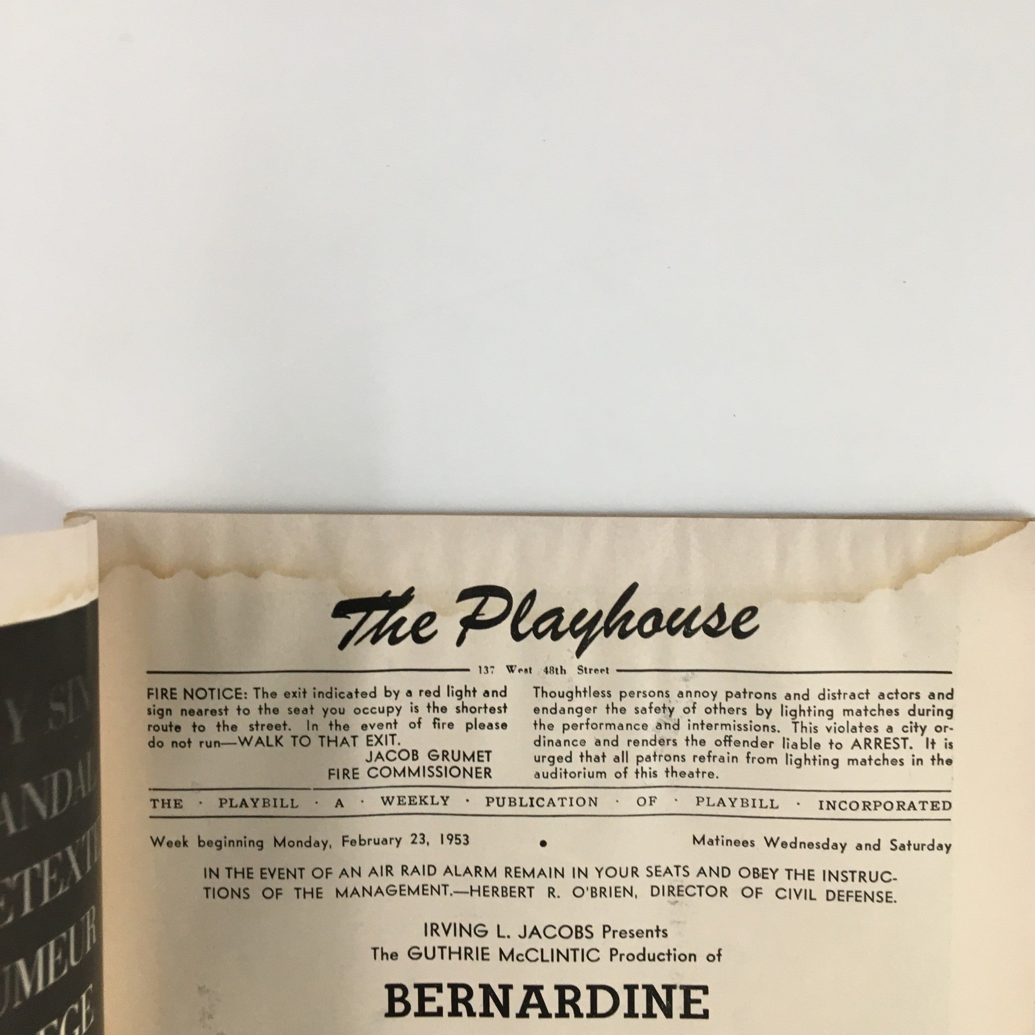 1953 Playbill The Playhouse Bernardine A New Comedy by Mary Chase