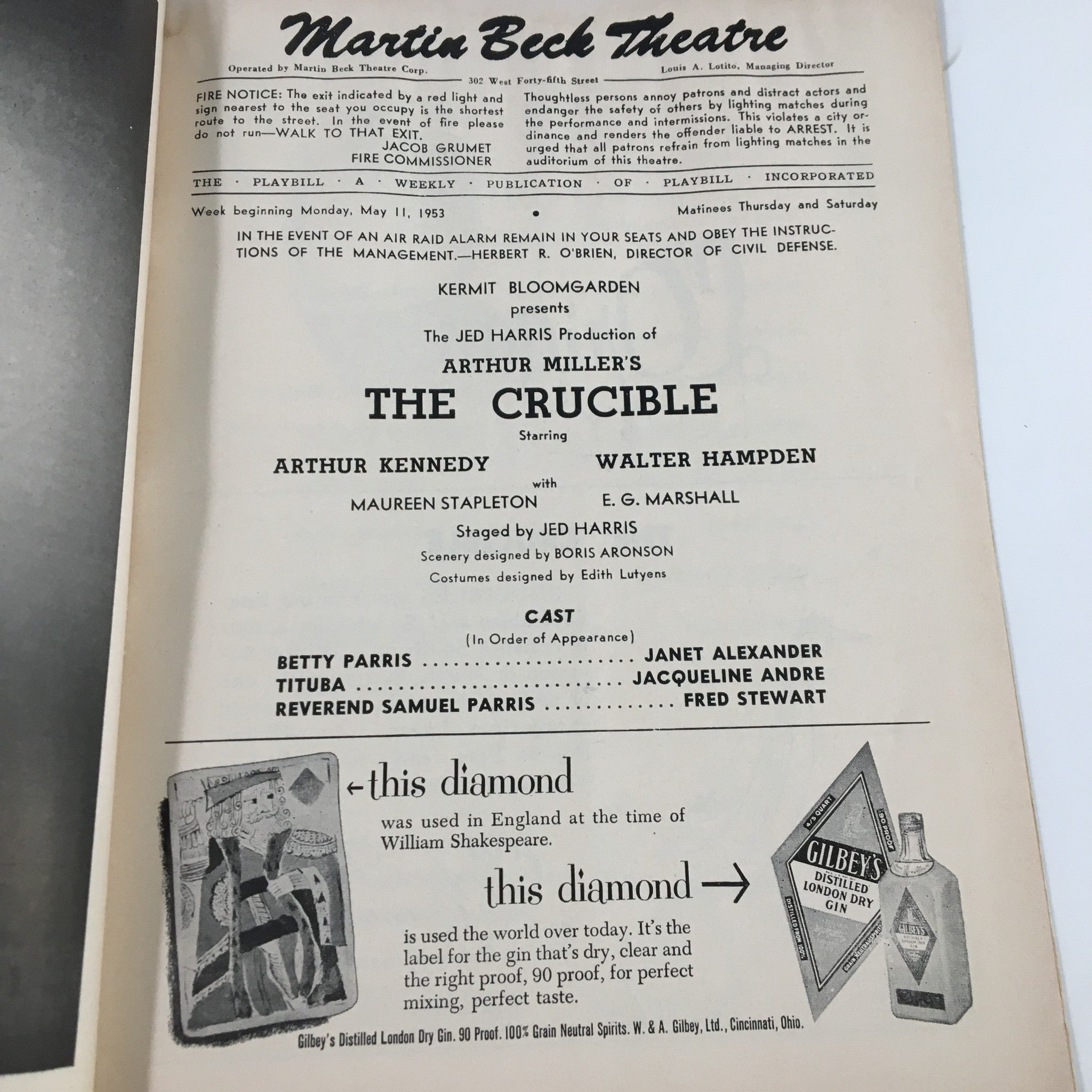 1953 Playbill Martin Beck Theatre Arthur Kennedy in Arthur Miller's The Crucible