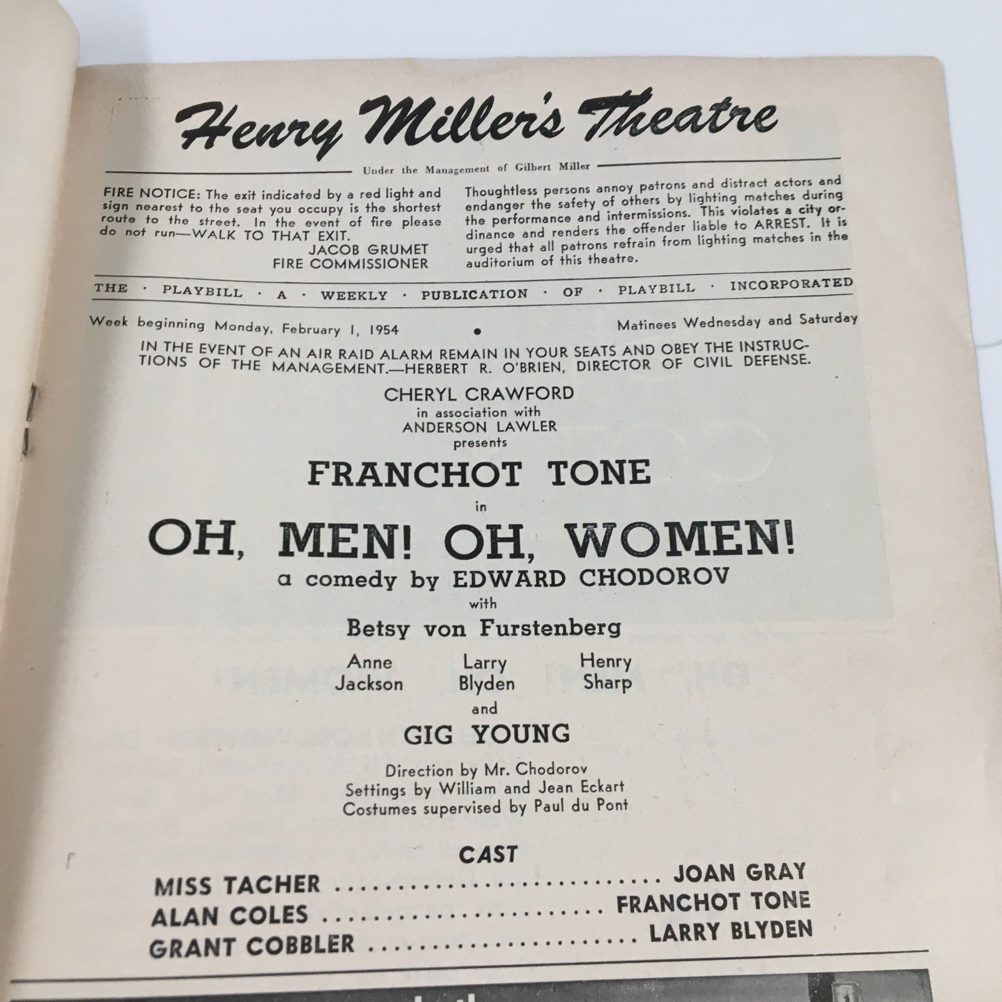 1954 Playbill Henry Miller's Theatre Franchot Tone in Oh, Men! Oh, Women!