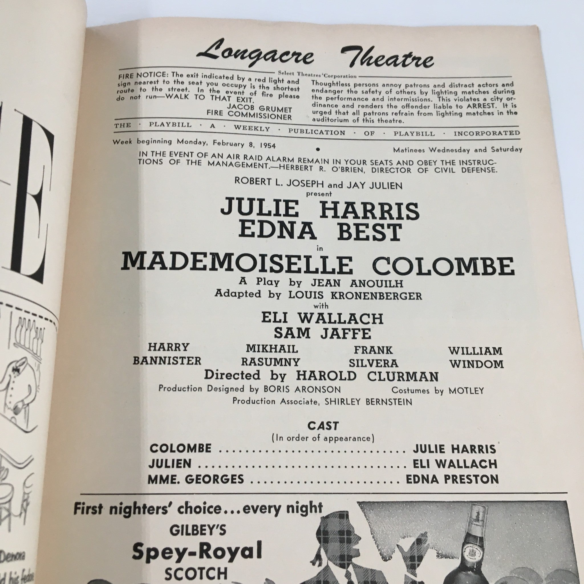 1954 Playbill Longacre Theatre Julie Harris, Edna Best in Mademoisele Colombe