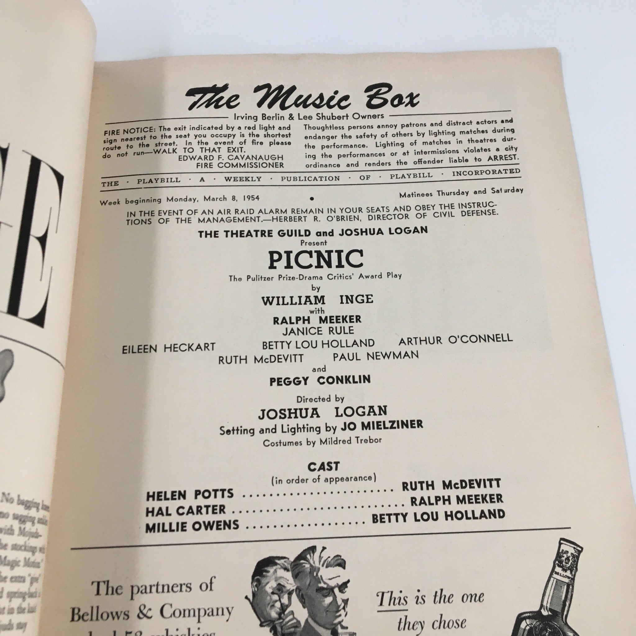 1954 Playbill The Music Box Ralph Meeker, Janice Rule in Picnic by William Inge