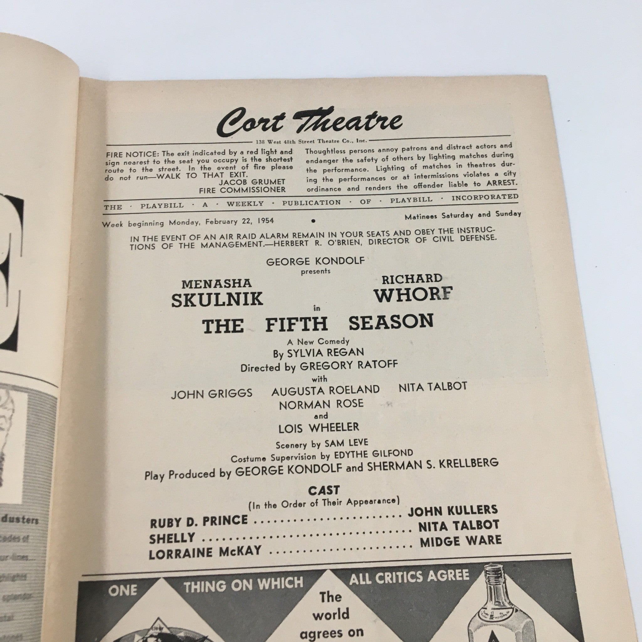 1954 Playbill Cort Theatre Menasha Skulnik in The Fifth Season by Sylvia Regan