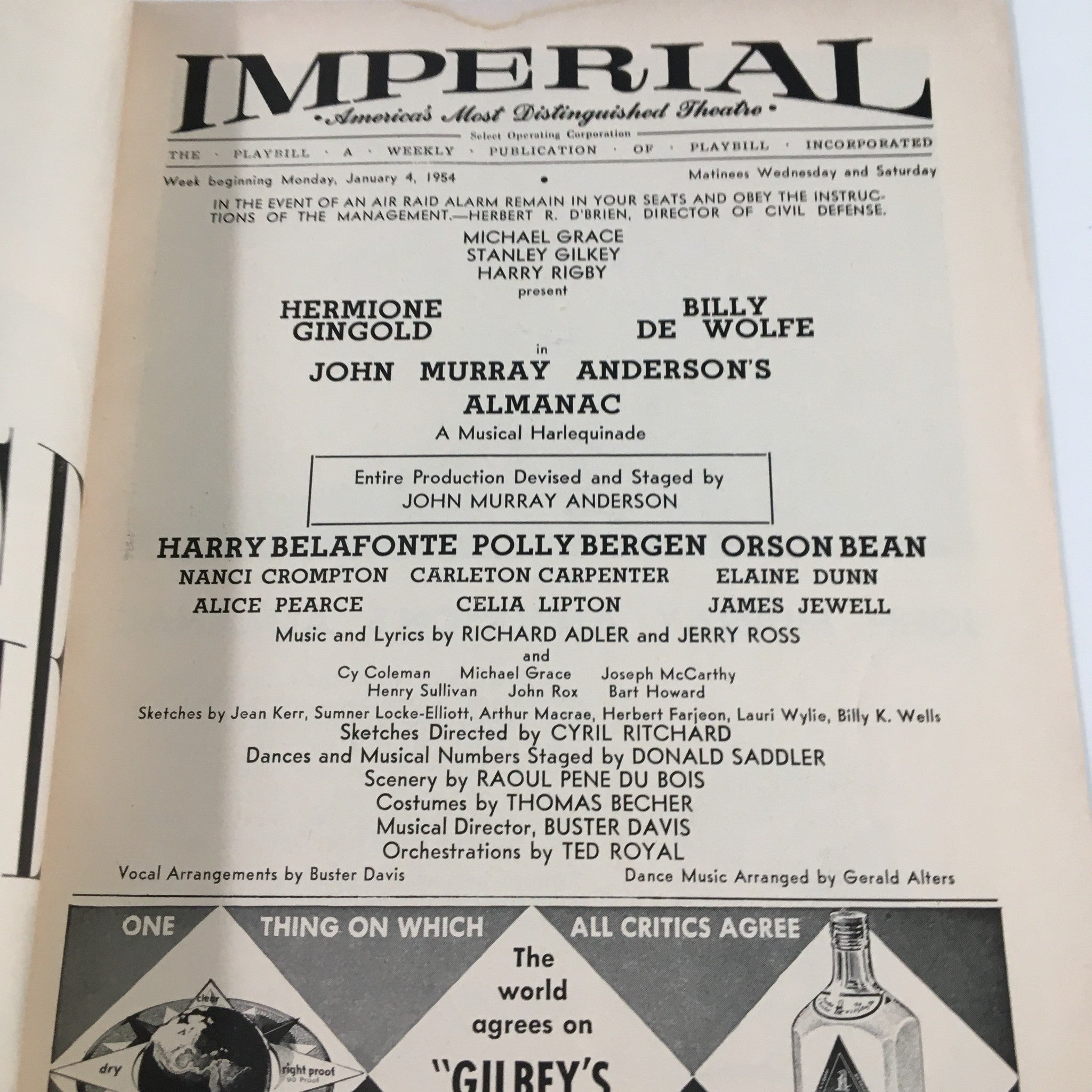 1954 Playbill Imperial Theatre Hermione Gingold, John Murray Anderson's Almanac