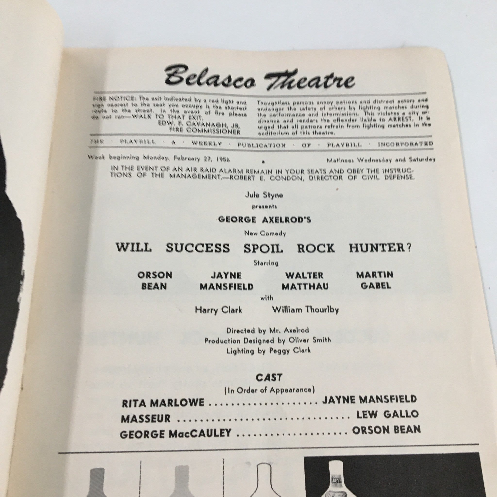 1956 Playbill Belasco Theatre George Axelrod's Will Success Spoil Rock Hunter