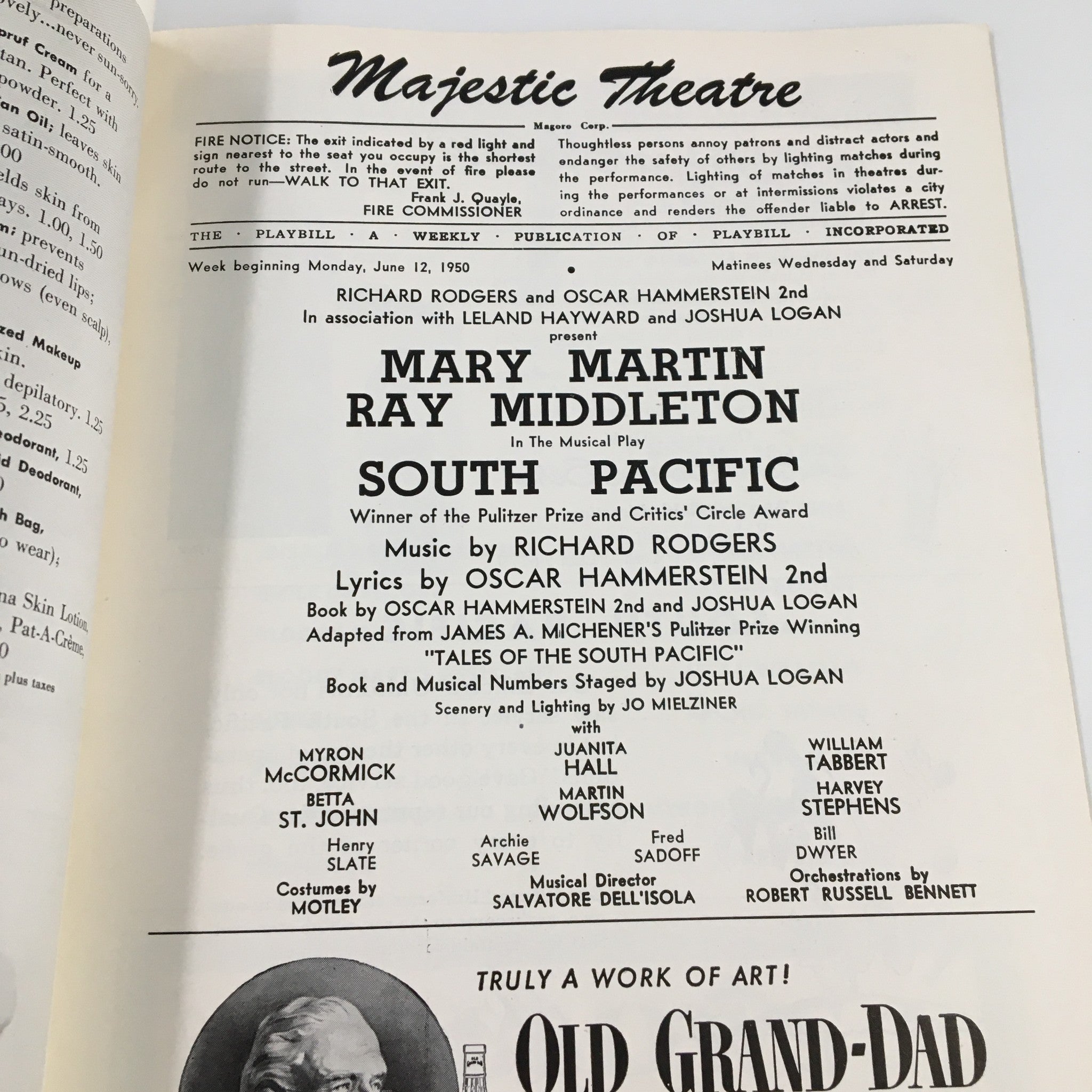 1950 Playbill Majestic Theatre Mary Martin in South Pacific by Richard Rodgers