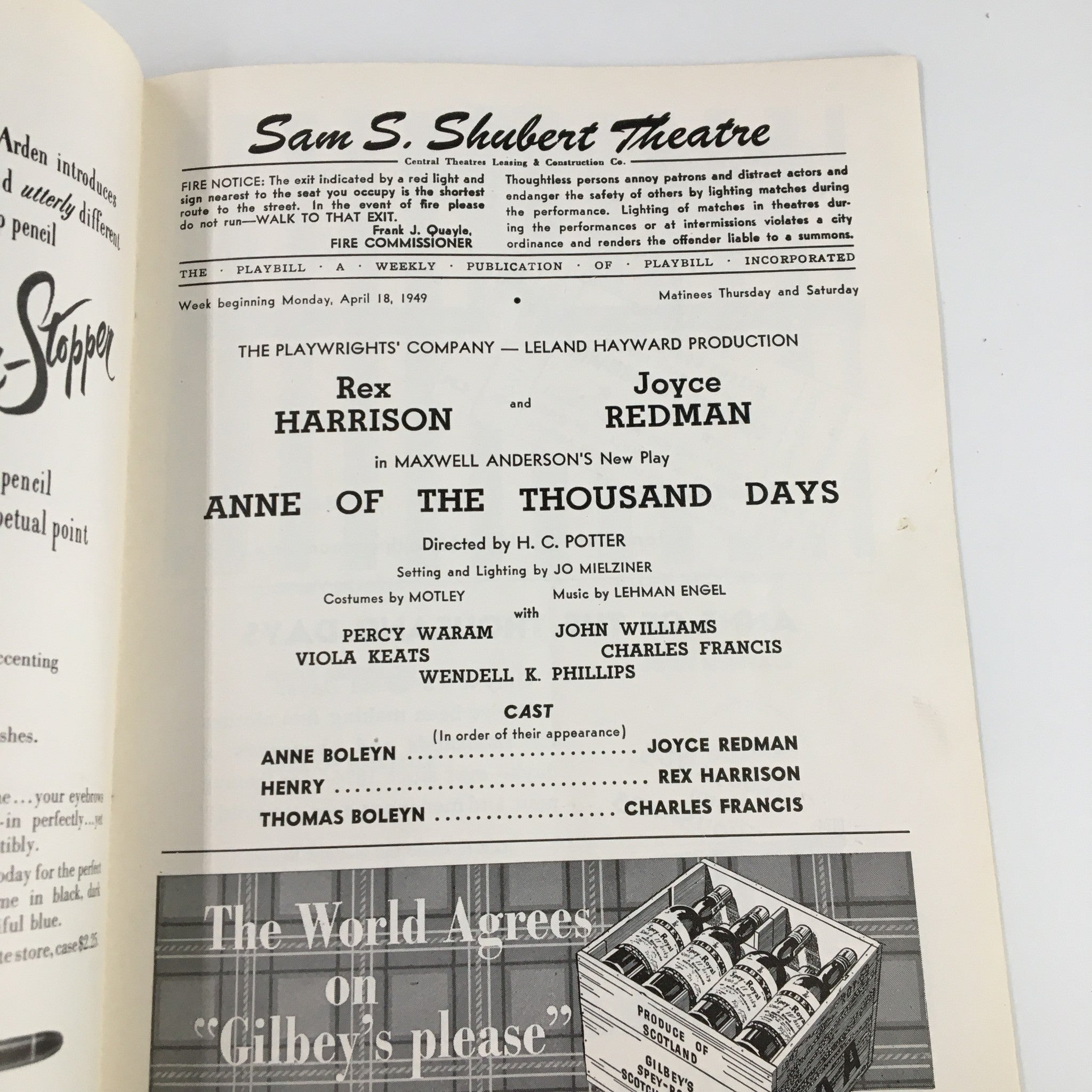 1949 Playbill Sam S. Shubert Theatre Rex Harrison in Anne of the Thousand Days