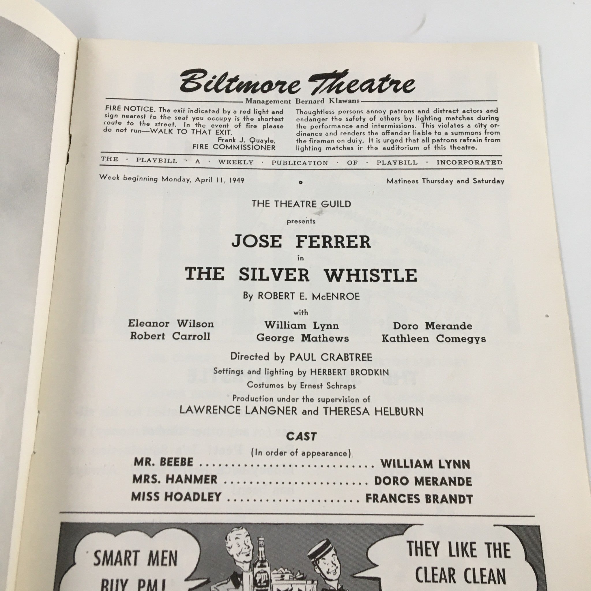 1949 Playbill Biltmore Theatre Jose Ferrer in The Silver Whistle by R. McEnroe