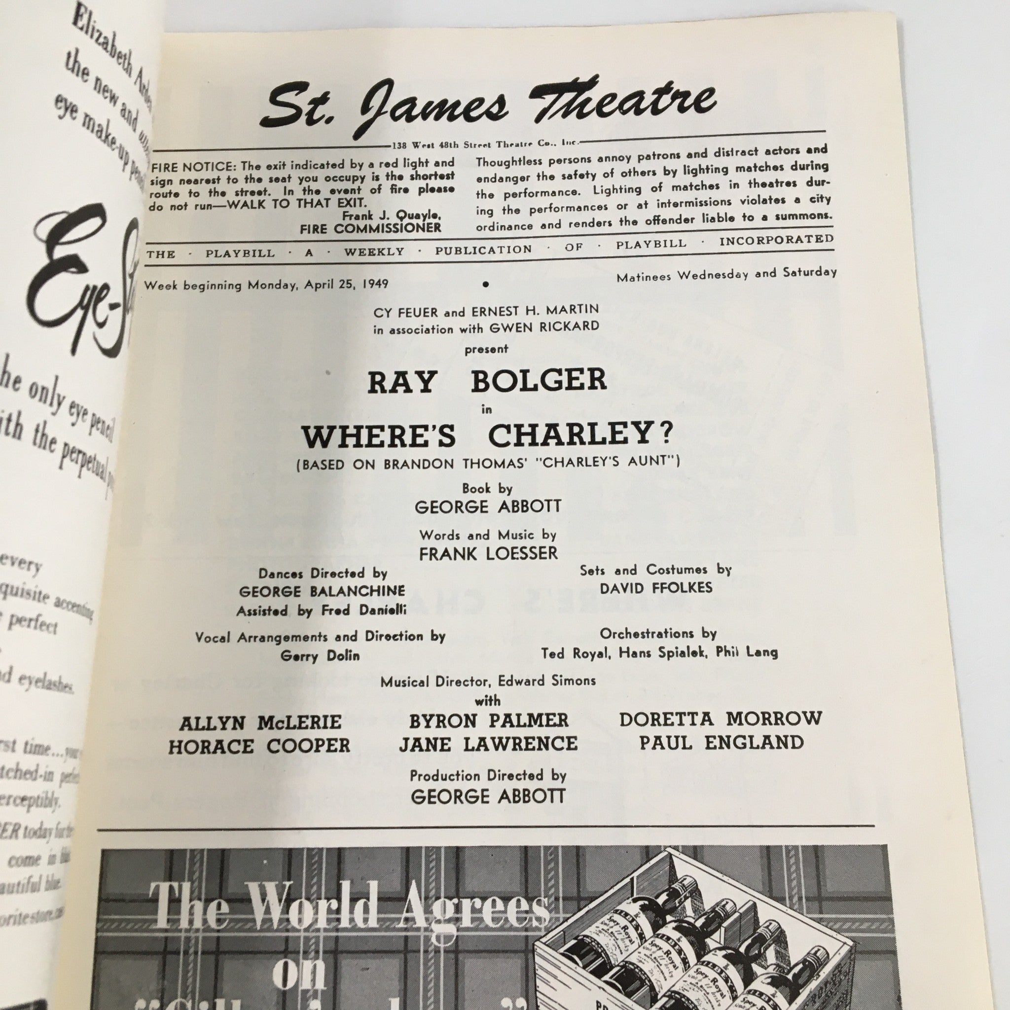 1949 Playbill St. James Theatre Ray Bolger in Where's Charley? by George Abbott