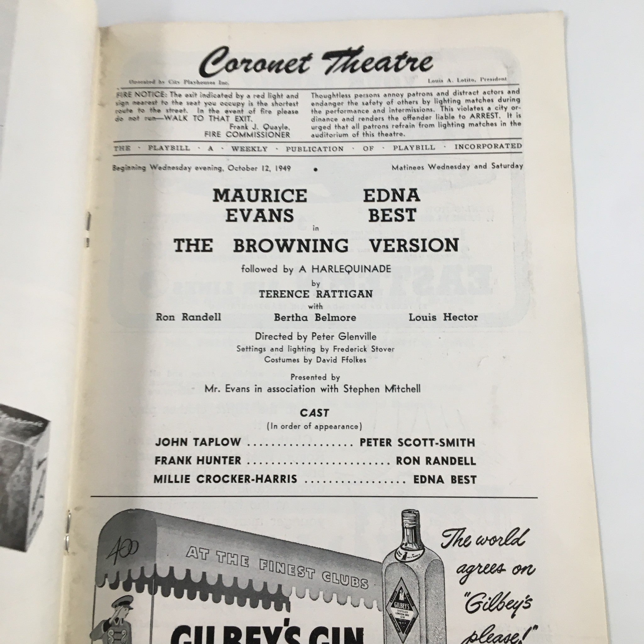 1949 Playbill Coronet Theatre Maurice Evans, Edna Best in The Browning Version