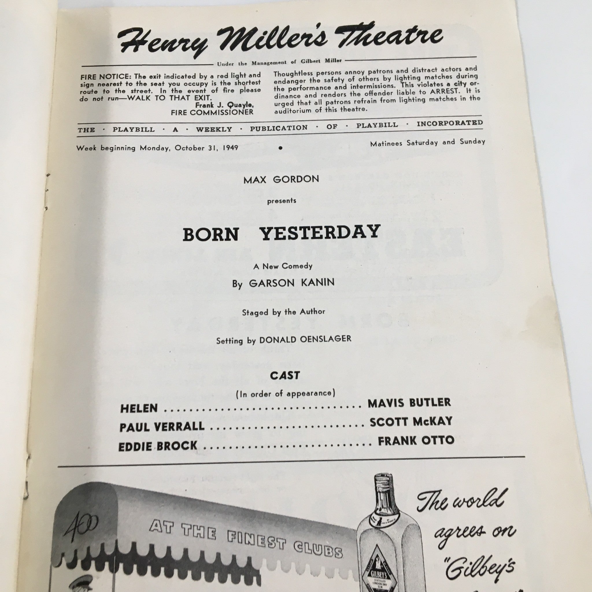 1949 Playbill Henry Miller's Theatre Max Gordon in Born Yesterday