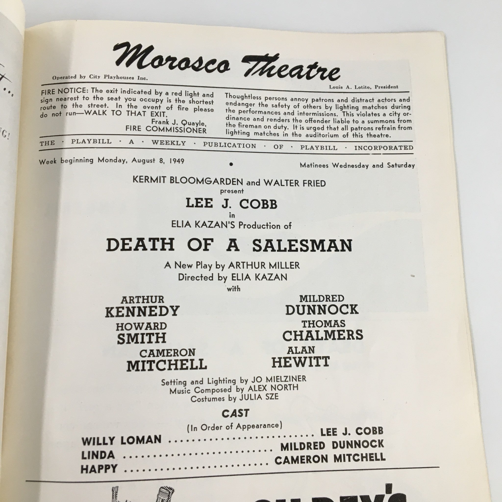 1949 Playbill Morosco Theatre Lee J. Cobb in Death of a Salesman by Elia Kazan