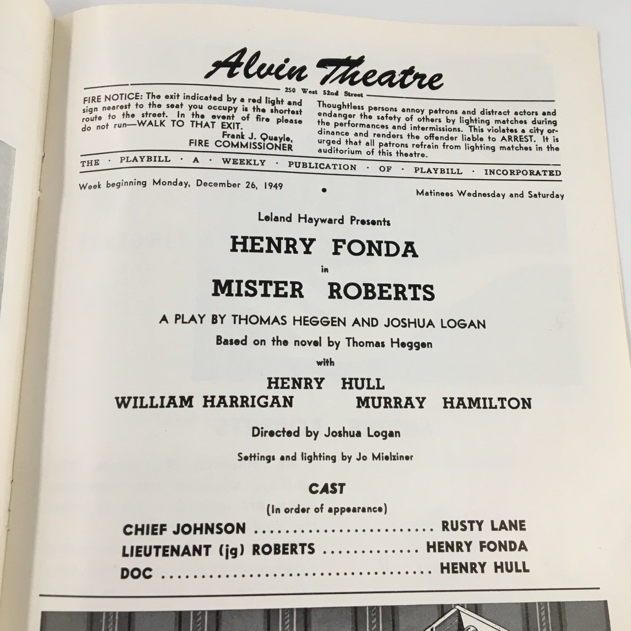 1949 Playbill Alvin Theatre Henry Fonda in Mister Roberts by Joshua Logan