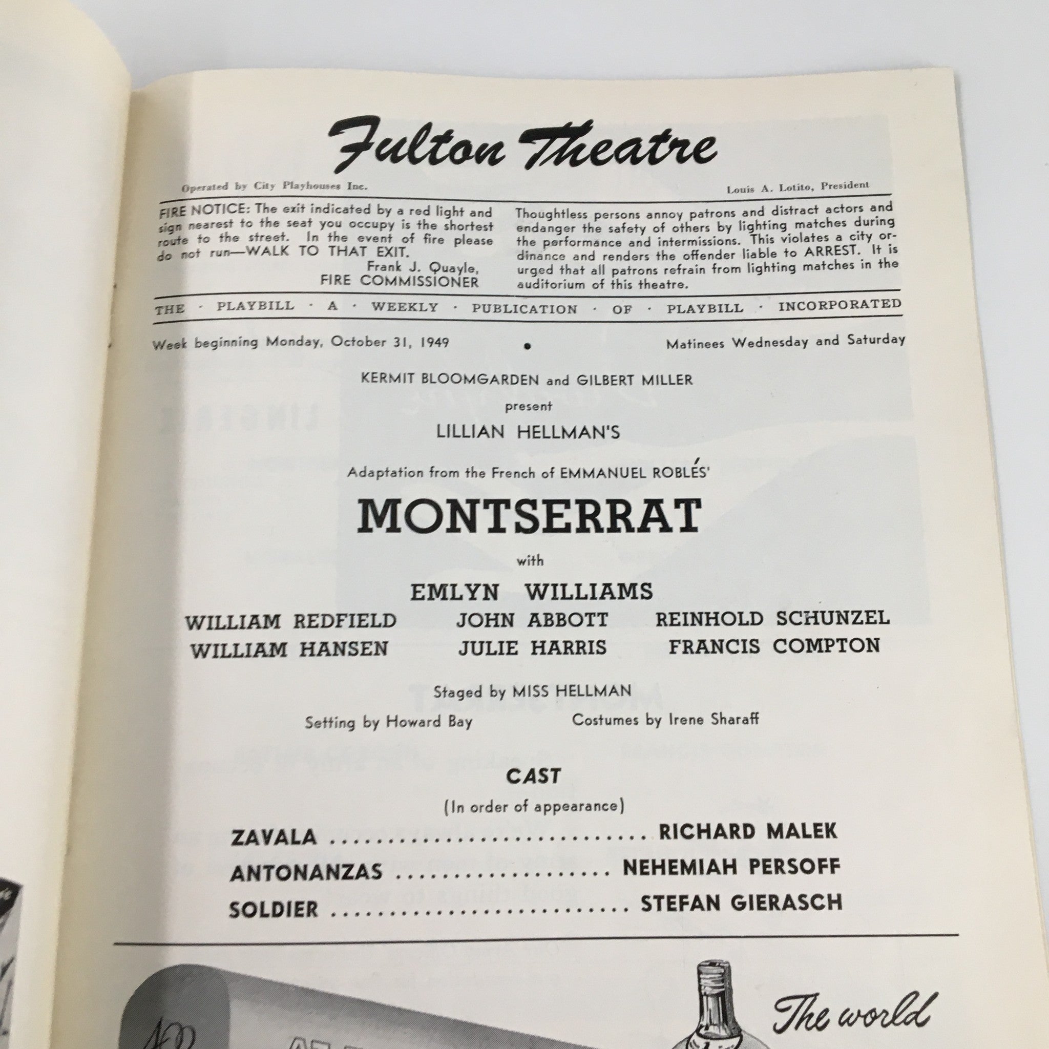 1949 Playbill Fulton Theatre Emlyn Williams in Montserrat by Lilliam Helman